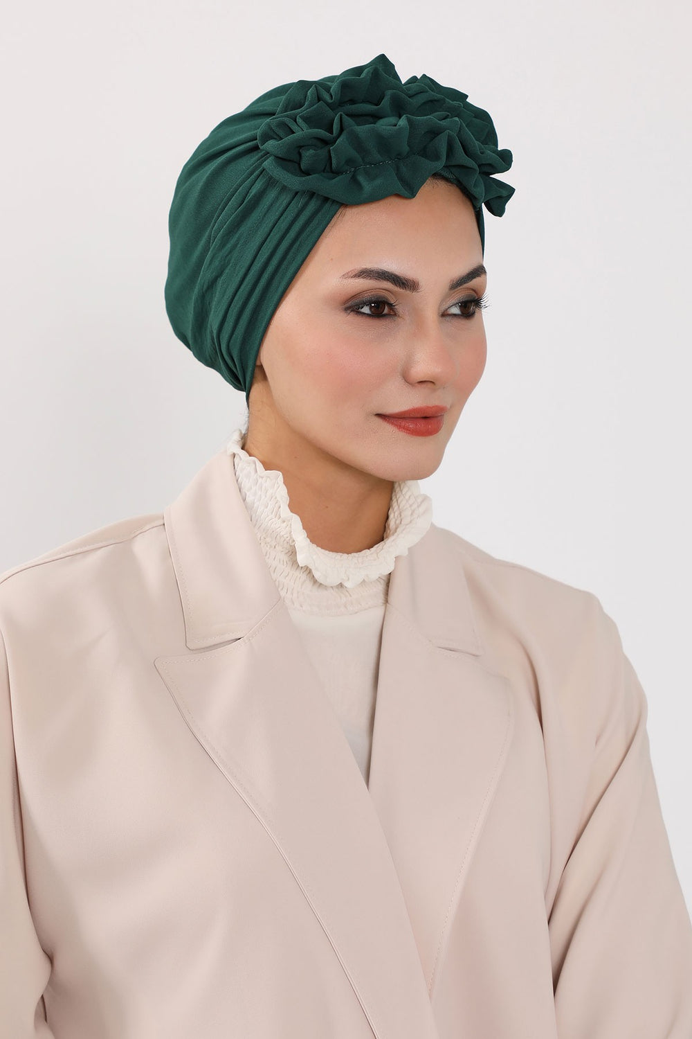 Pleated Instant Turban made from High Quality Aerobin Fabric, Wrinkle-Resistant Stylish Turban Hijab, Easy Wrap Chemo Bonnet Headwear,B-74A Dark Green