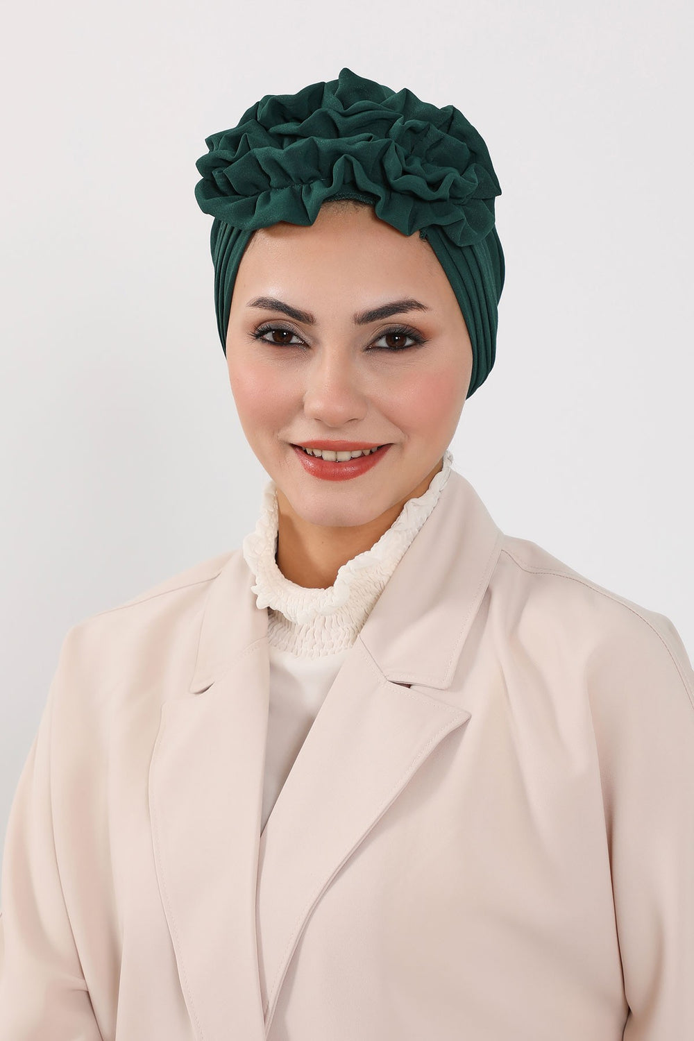 Pleated Instant Turban made from High Quality Aerobin Fabric, Wrinkle-Resistant Stylish Turban Hijab, Easy Wrap Chemo Bonnet Headwear,B-74A Dark Green