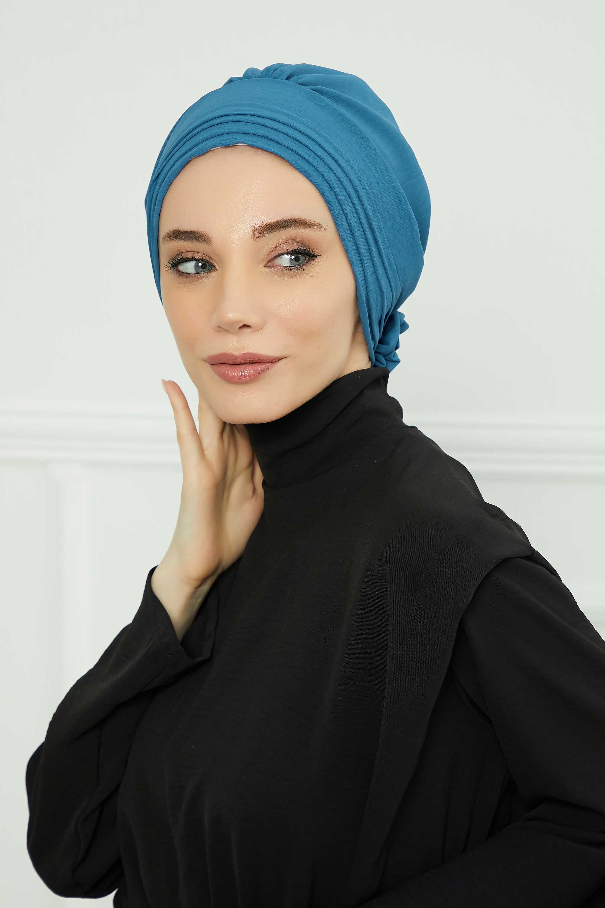Pleated Instant Turban made from High Quality Aerobin Fabric, Wrinkle-Resistant Stylish Turban Hijab, Easy Wrap Chemo Bonnet Headwear,B-74A İndigo