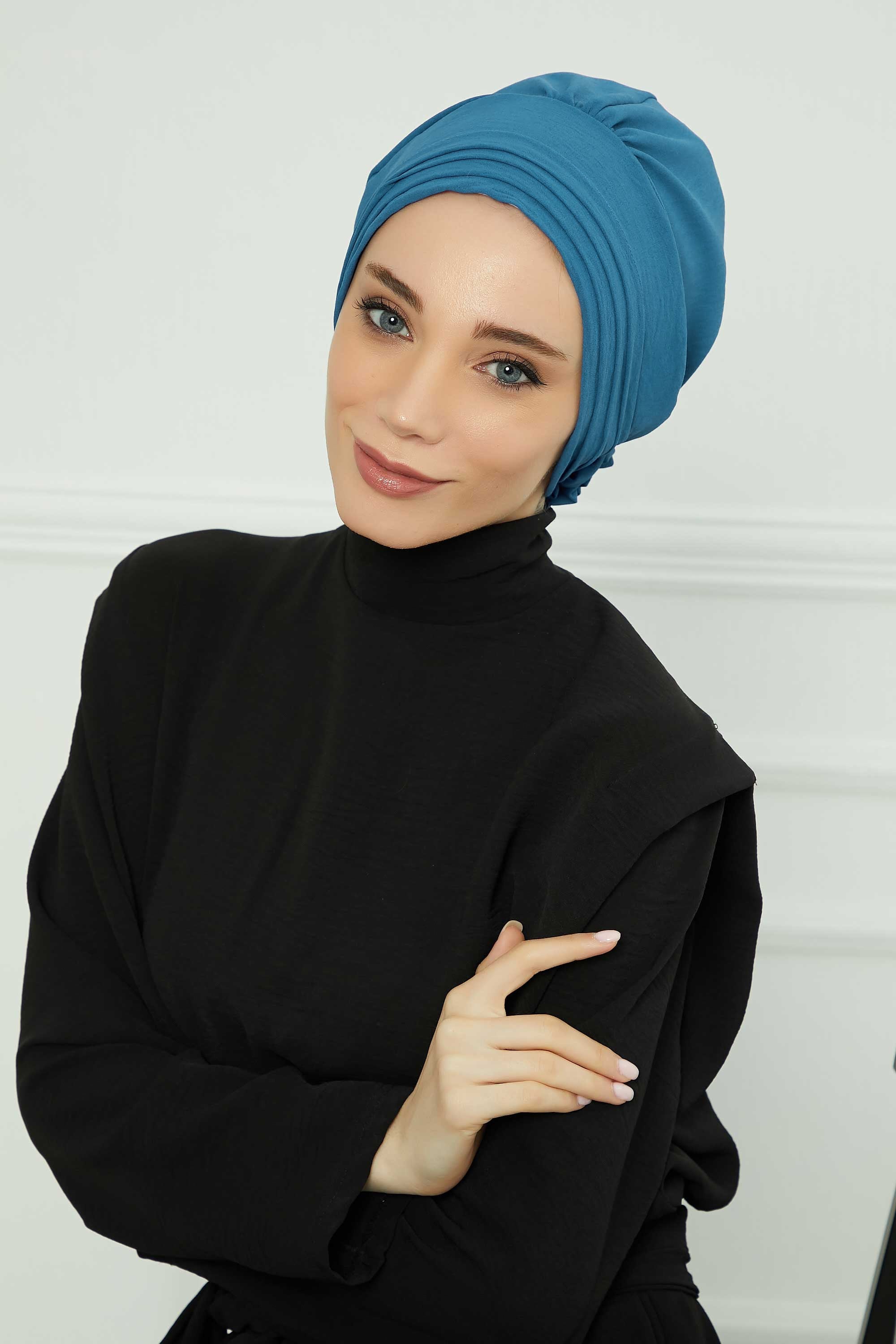 Pleated Instant Turban made from High Quality Aerobin Fabric, Wrinkle-Resistant Stylish Turban Hijab, Easy Wrap Chemo Bonnet Headwear,B-74A İndigo