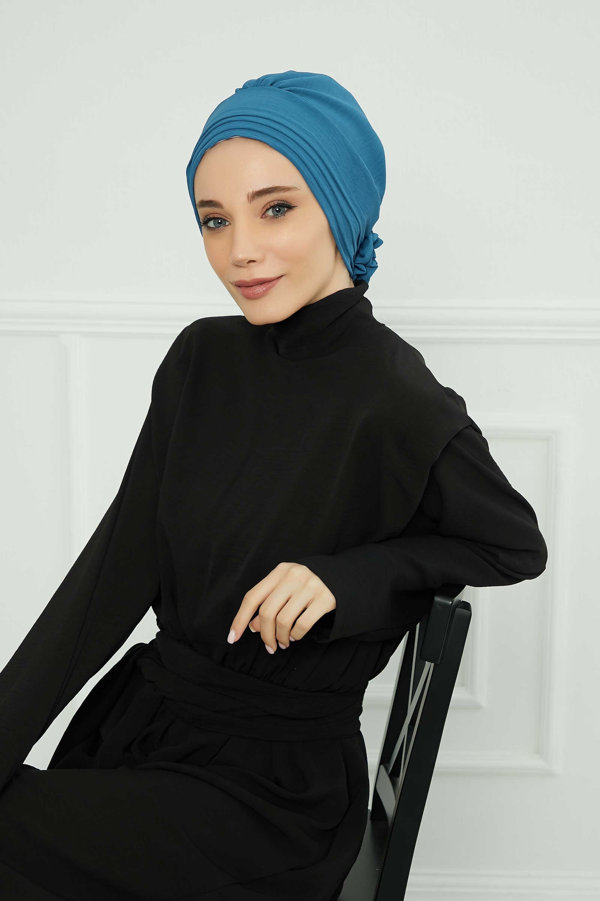 Pleated Instant Turban made from High Quality Aerobin Fabric, Wrinkle-Resistant Stylish Turban Hijab, Easy Wrap Chemo Bonnet Headwear,B-74A İndigo