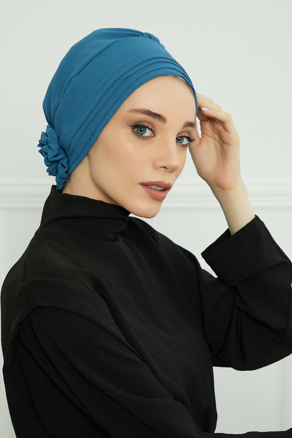 Pleated Instant Turban made from High Quality Aerobin Fabric, Wrinkle-Resistant Stylish Turban Hijab, Easy Wrap Chemo Bonnet Headwear,B-74A İndigo