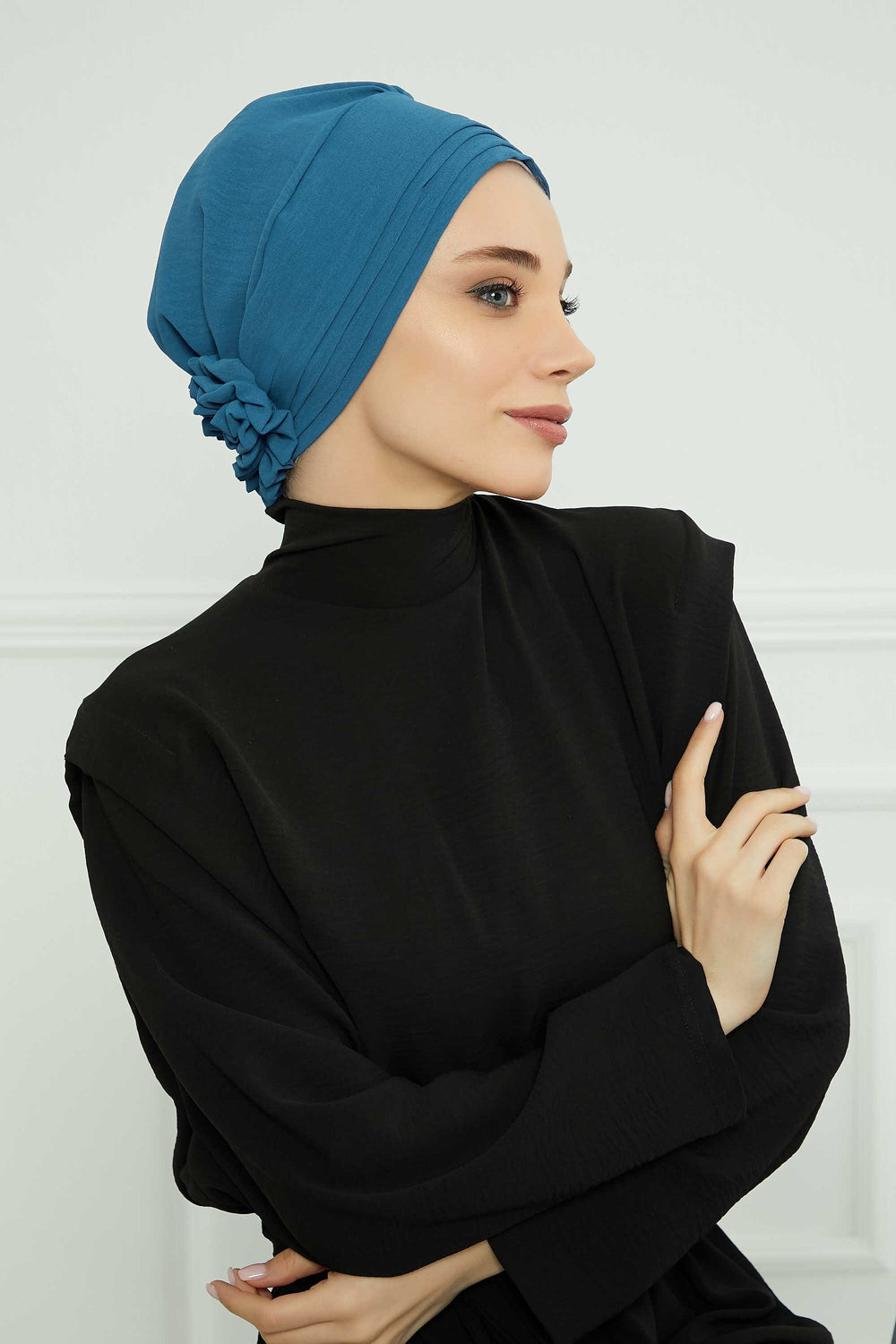 Pleated Instant Turban made from High Quality Aerobin Fabric, Wrinkle-Resistant Stylish Turban Hijab, Easy Wrap Chemo Bonnet Headwear,B-74A İndigo