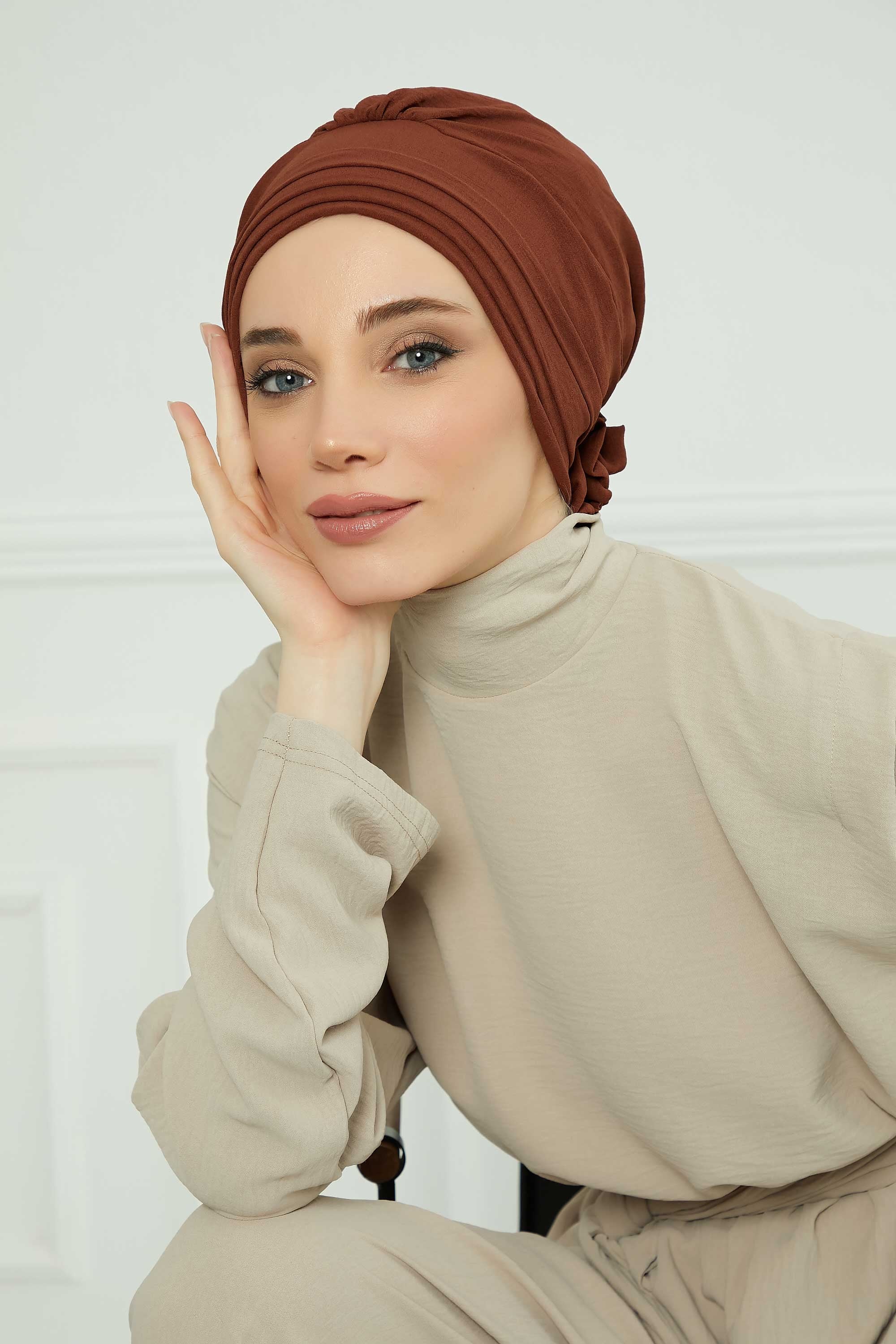 Pleated Instant Turban made from High Quality Aerobin Fabric, Wrinkle-Resistant Stylish Turban Hijab, Easy Wrap Chemo Bonnet Headwear,B-74A Cinnamon