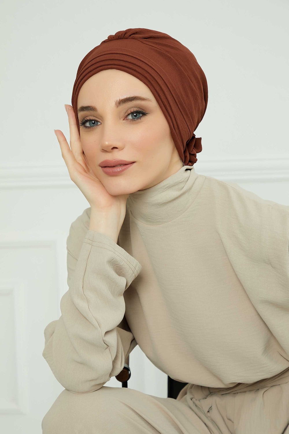 Pleated Instant Turban made from High Quality Aerobin Fabric, Wrinkle-Resistant Stylish Turban Hijab, Easy Wrap Chemo Bonnet Headwear,B-74A Cinnamon