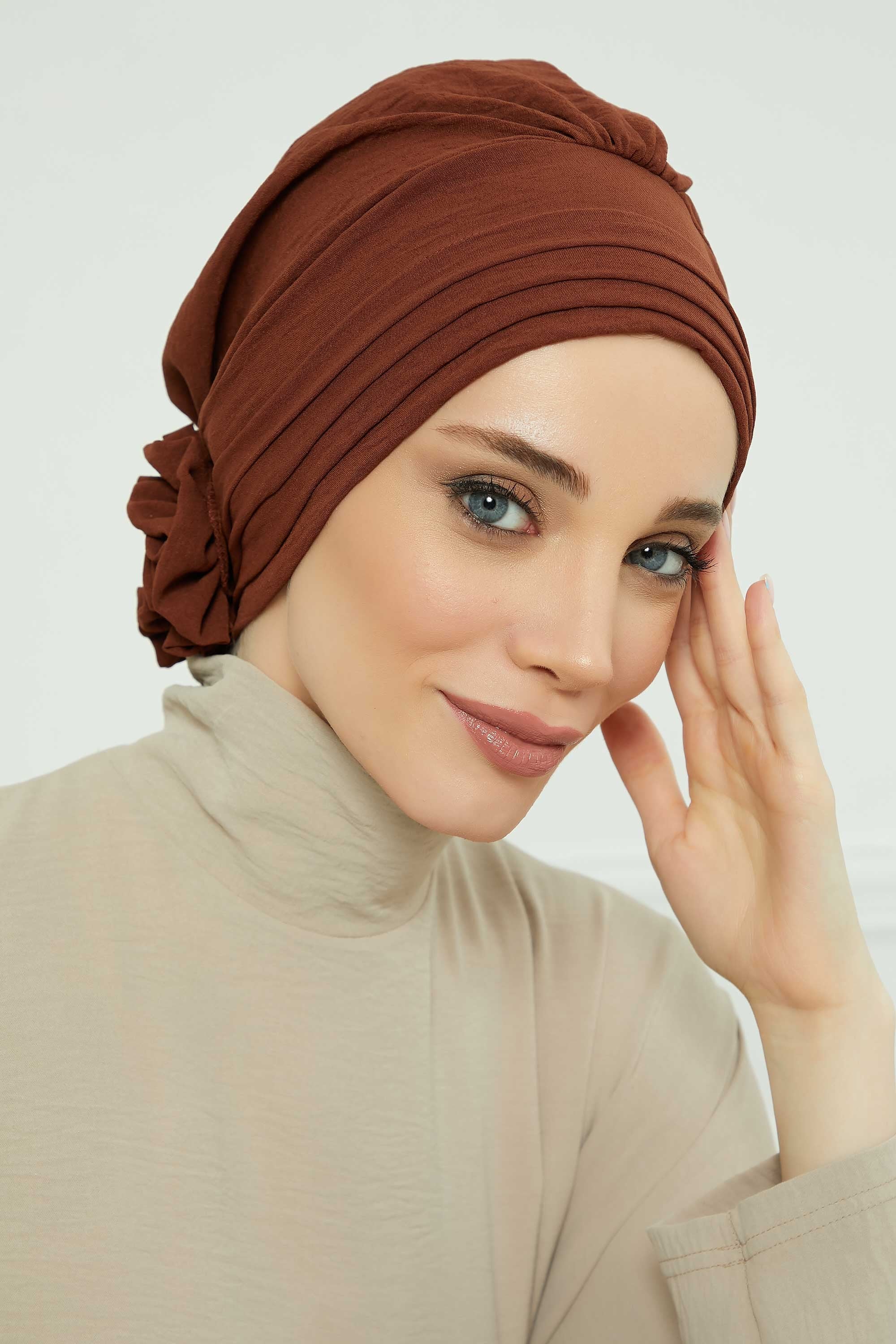 Pleated Instant Turban made from High Quality Aerobin Fabric, Wrinkle-Resistant Stylish Turban Hijab, Easy Wrap Chemo Bonnet Headwear,B-74A Cinnamon