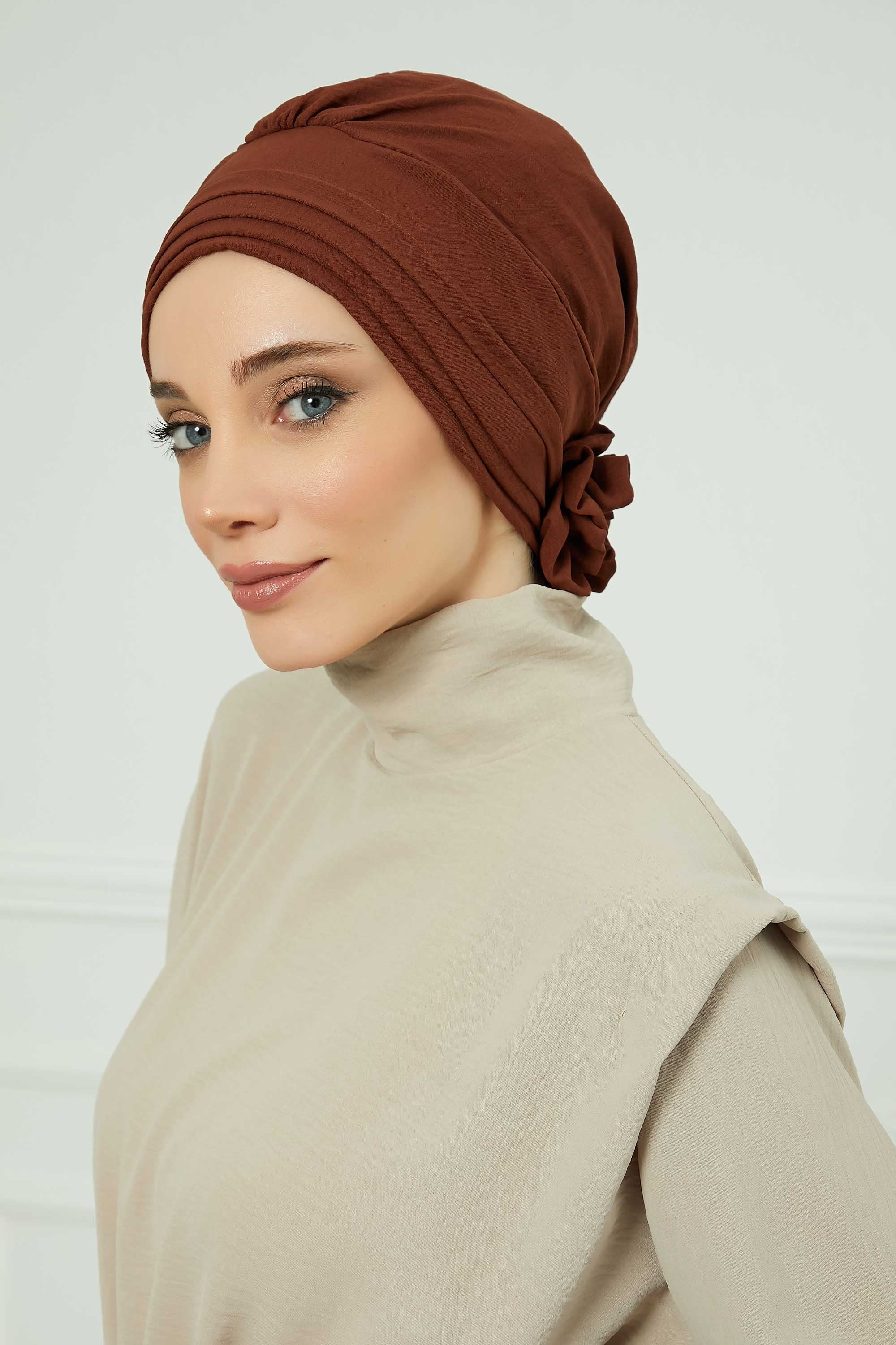 Pleated Instant Turban made from High Quality Aerobin Fabric, Wrinkle-Resistant Stylish Turban Hijab, Easy Wrap Chemo Bonnet Headwear,B-74A Cinnamon