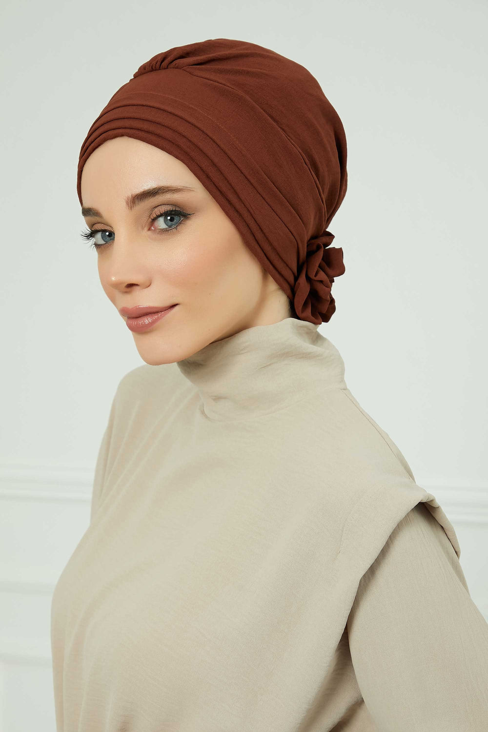 Pleated Instant Turban made from High Quality Aerobin Fabric, Wrinkle-Resistant Stylish Turban Hijab, Easy Wrap Chemo Bonnet Headwear,B-74A Cinnamon