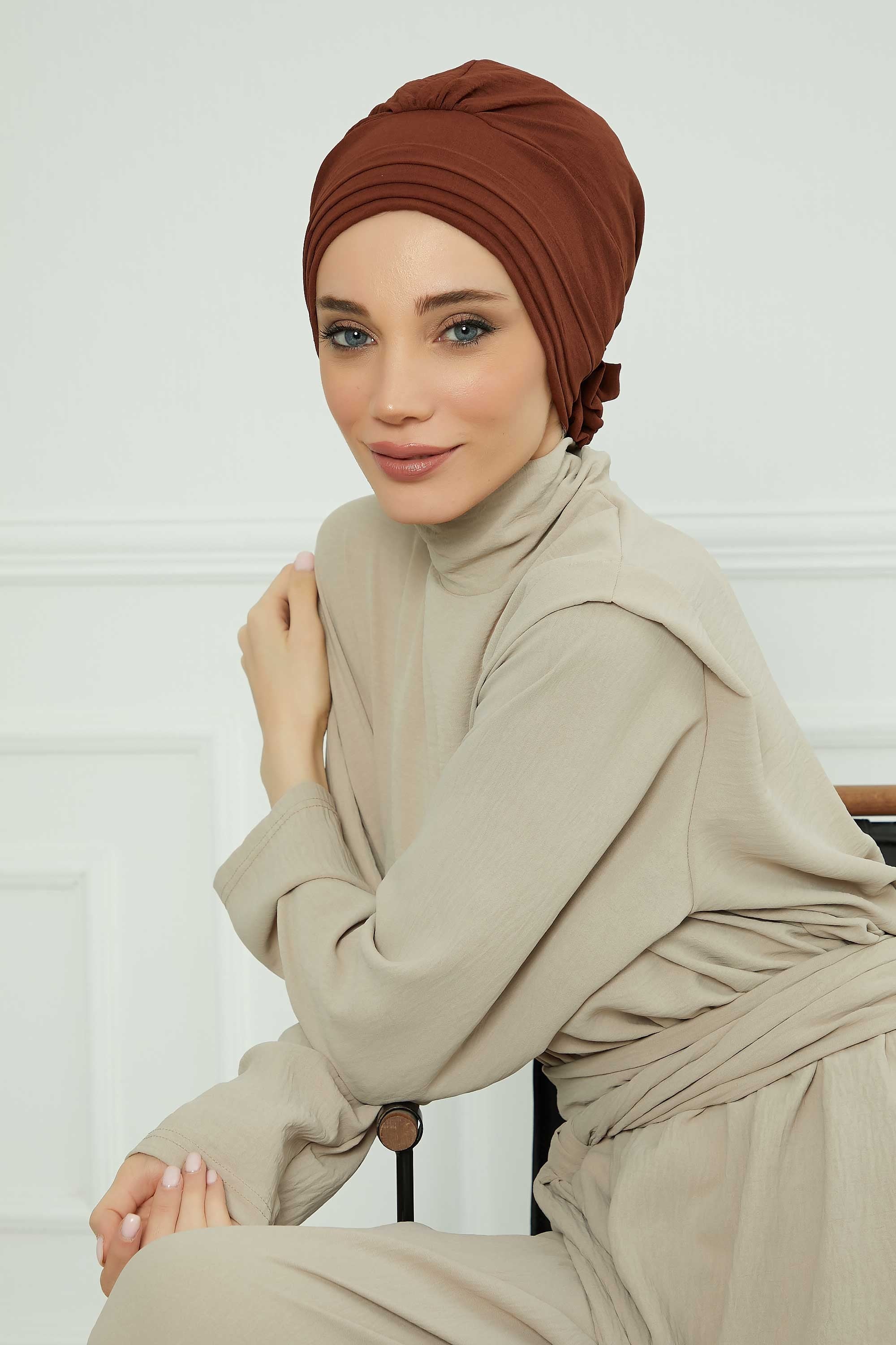 Pleated Instant Turban made from High Quality Aerobin Fabric, Wrinkle-Resistant Stylish Turban Hijab, Easy Wrap Chemo Bonnet Headwear,B-74A Cinnamon