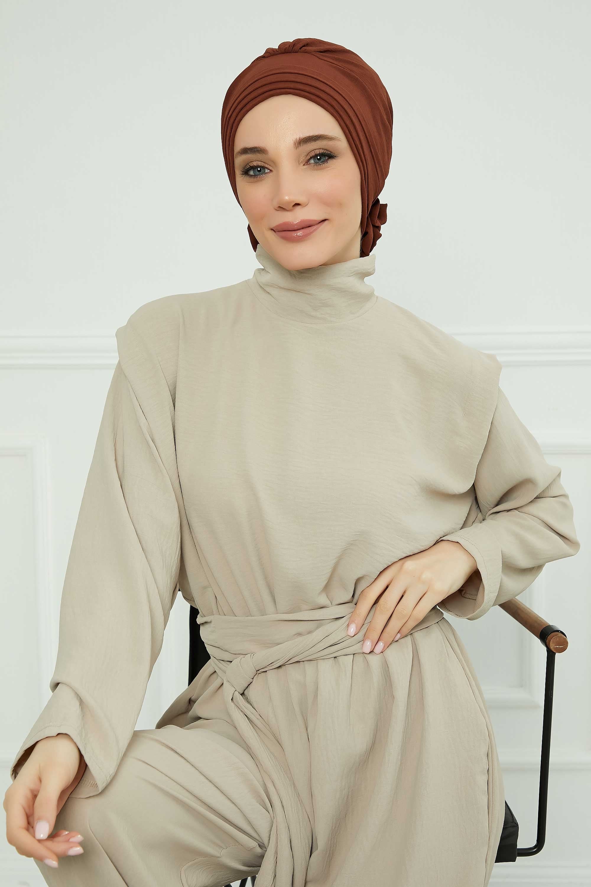 Pleated Instant Turban made from High Quality Aerobin Fabric, Wrinkle-Resistant Stylish Turban Hijab, Easy Wrap Chemo Bonnet Headwear,B-74A Cinnamon