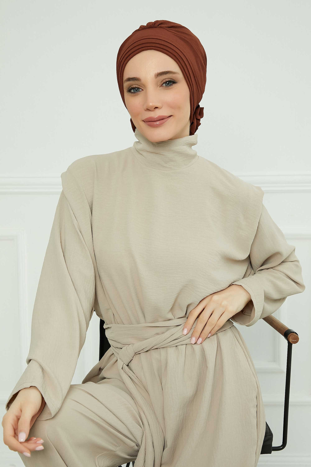 Pleated Instant Turban made from High Quality Aerobin Fabric, Wrinkle-Resistant Stylish Turban Hijab, Easy Wrap Chemo Bonnet Headwear,B-74A Cinnamon