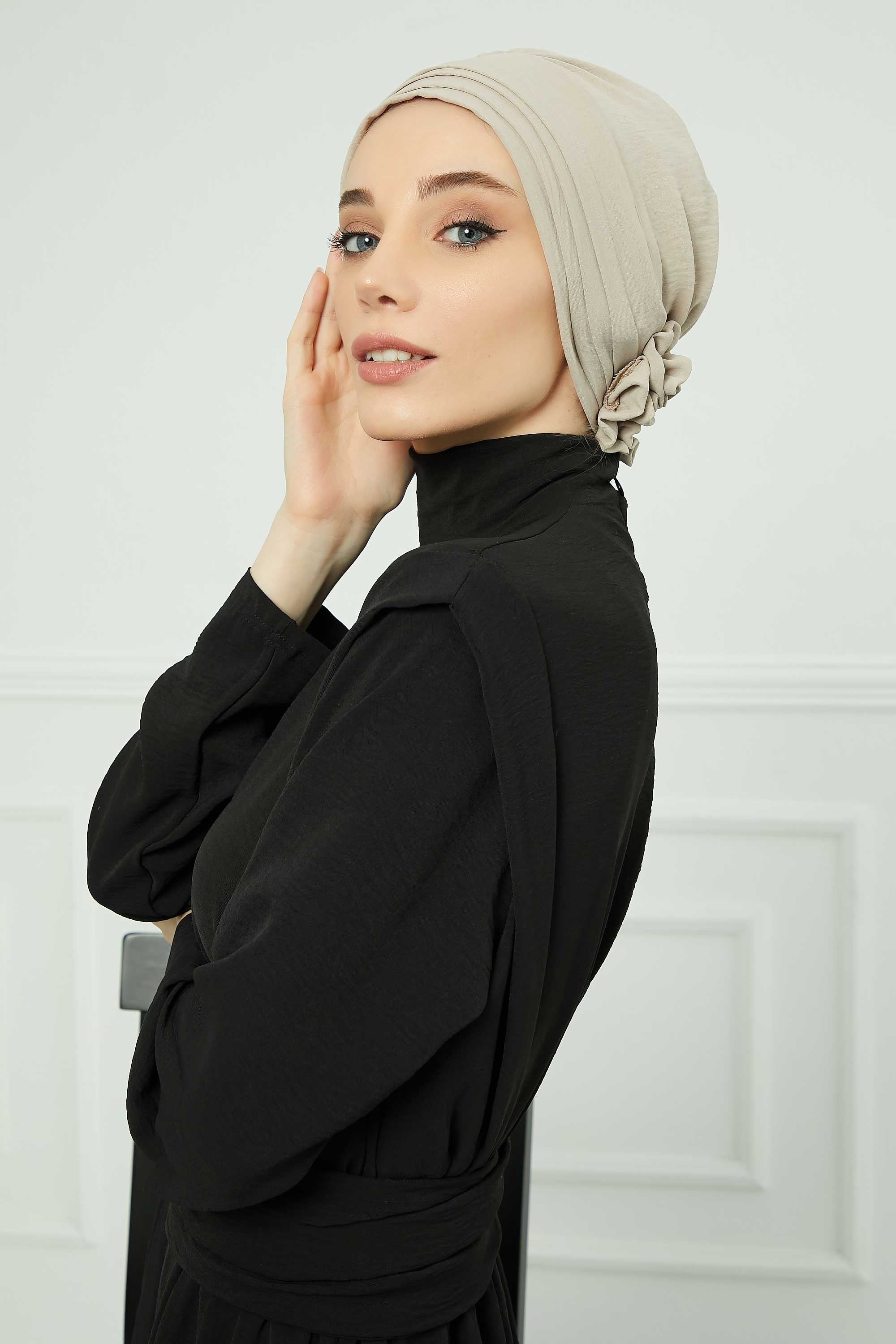 Pleated Instant Turban made from High Quality Aerobin Fabric, Wrinkle-Resistant Stylish Turban Hijab, Easy Wrap Chemo Bonnet Headwear,B-74A Beige