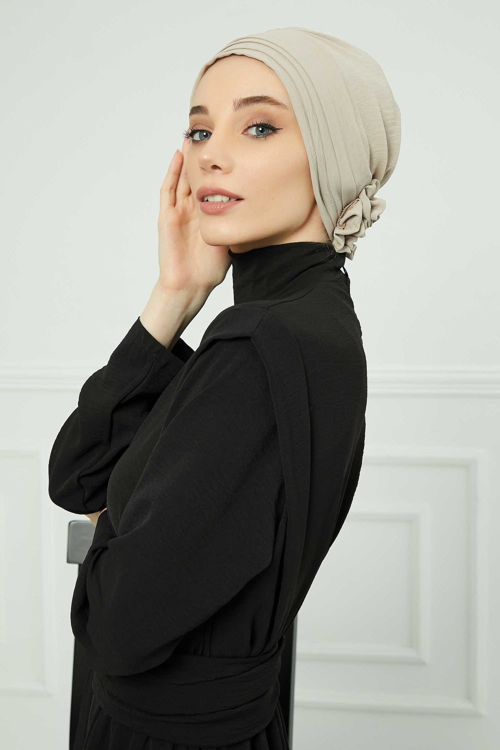 Pleated Instant Turban made from High Quality Aerobin Fabric, Wrinkle-Resistant Stylish Turban Hijab, Easy Wrap Chemo Bonnet Headwear,B-74A Beige