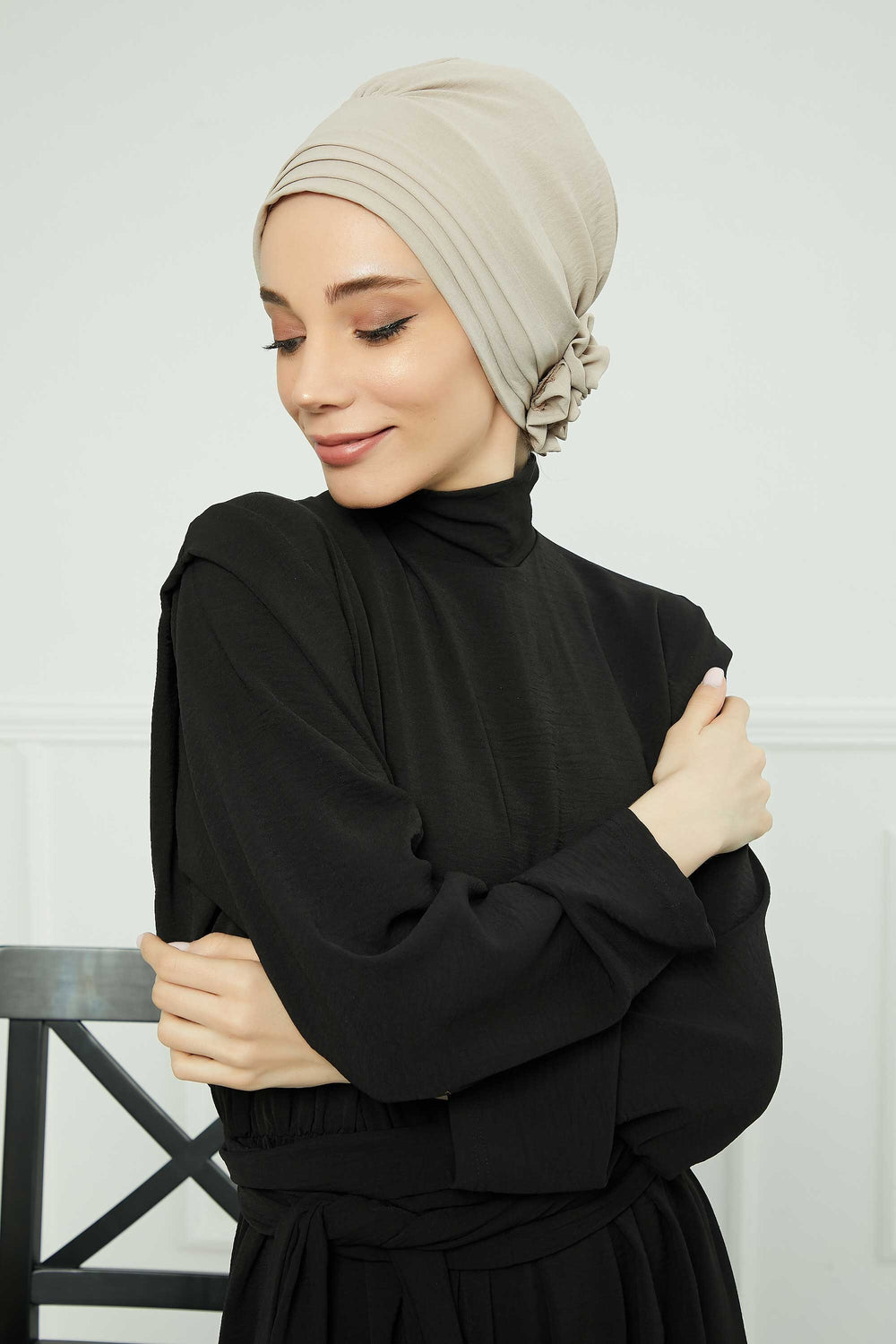 Pleated Instant Turban made from High Quality Aerobin Fabric, Wrinkle-Resistant Stylish Turban Hijab, Easy Wrap Chemo Bonnet Headwear,B-74A Beige