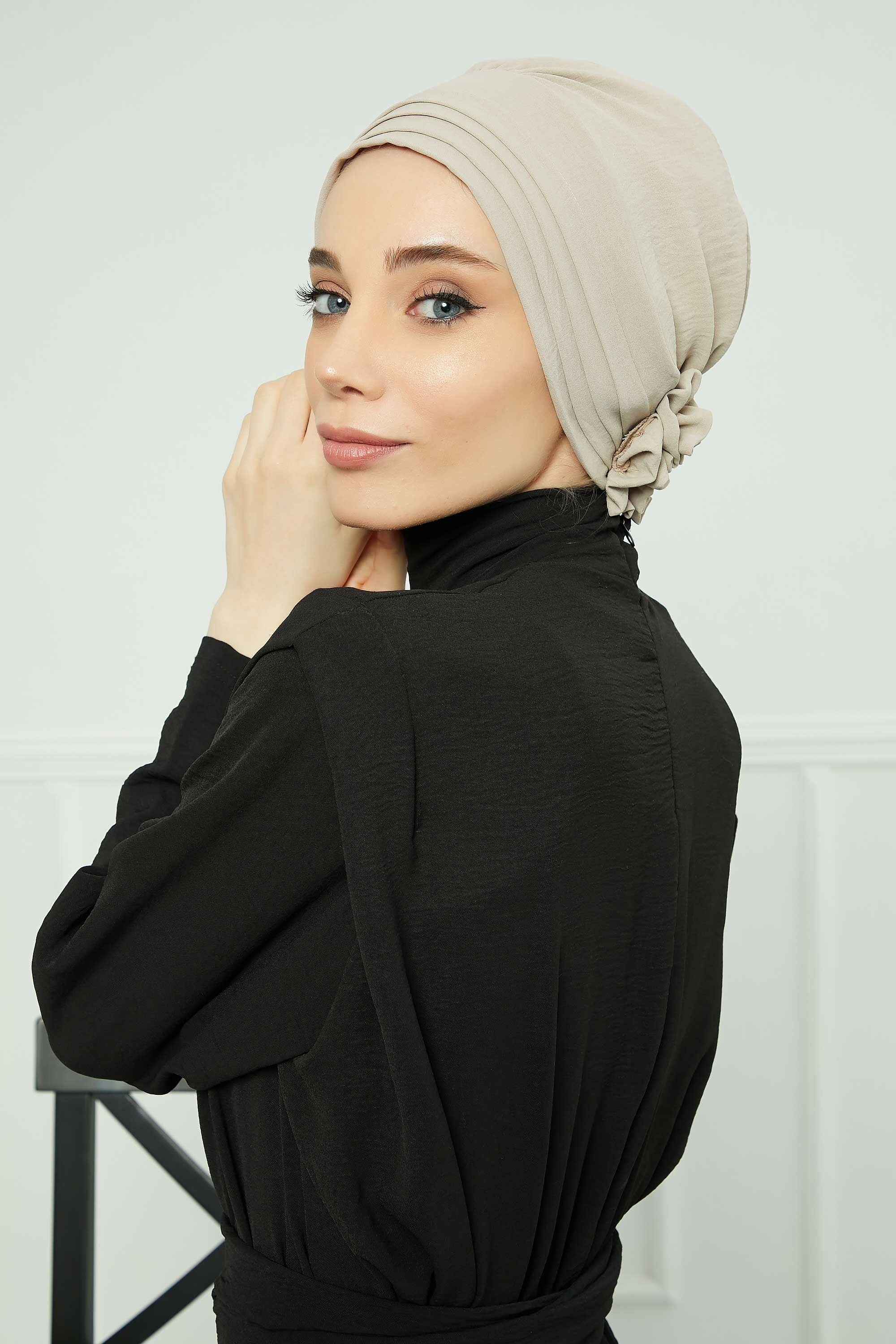 Pleated Instant Turban made from High Quality Aerobin Fabric, Wrinkle-Resistant Stylish Turban Hijab, Easy Wrap Chemo Bonnet Headwear,B-74A Beige