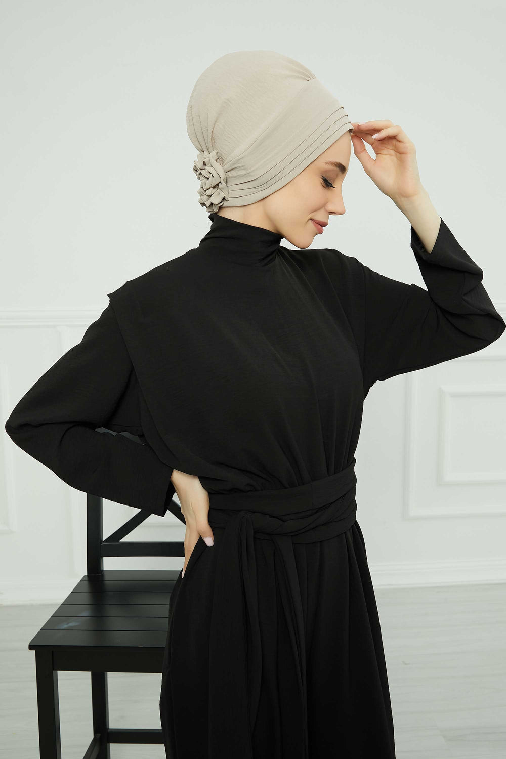 Pleated Instant Turban made from High Quality Aerobin Fabric, Wrinkle-Resistant Stylish Turban Hijab, Easy Wrap Chemo Bonnet Headwear,B-74A Beige