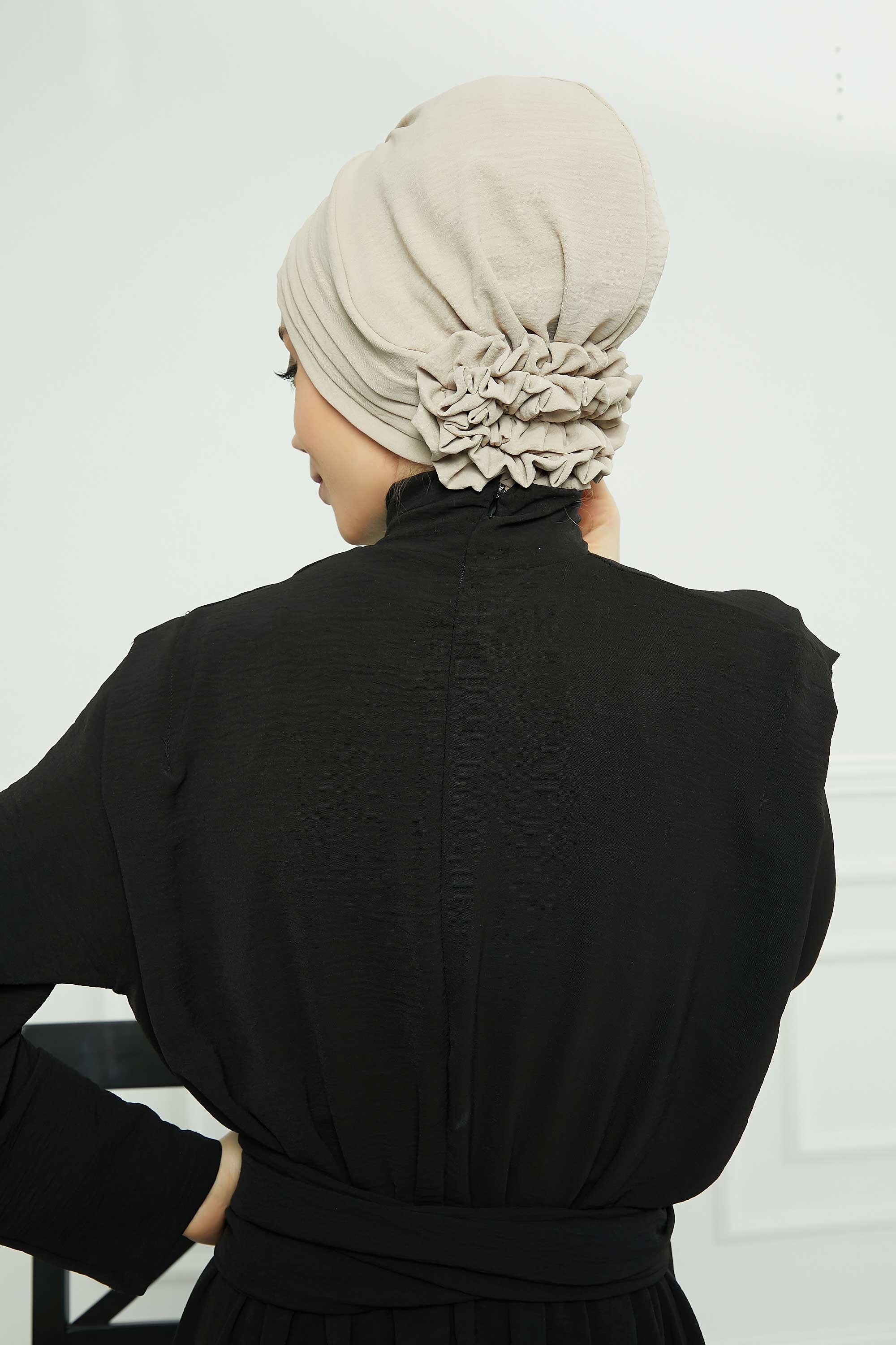 Pleated Instant Turban made from High Quality Aerobin Fabric, Wrinkle-Resistant Stylish Turban Hijab, Easy Wrap Chemo Bonnet Headwear,B-74A Beige