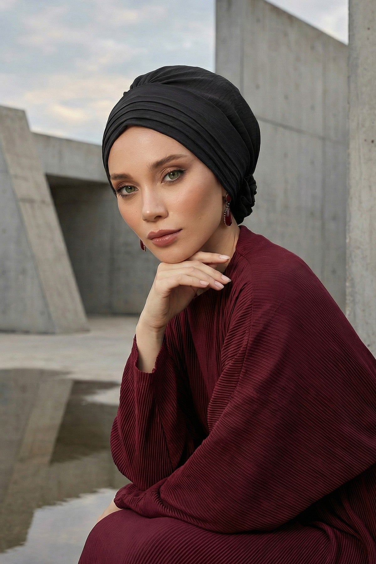 Pleated Instant Turban made from High Quality Aerobin Fabric, Wrinkle-Resistant Stylish Turban Hijab, Easy Wrap Chemo Bonnet Headwear,B-74A Black