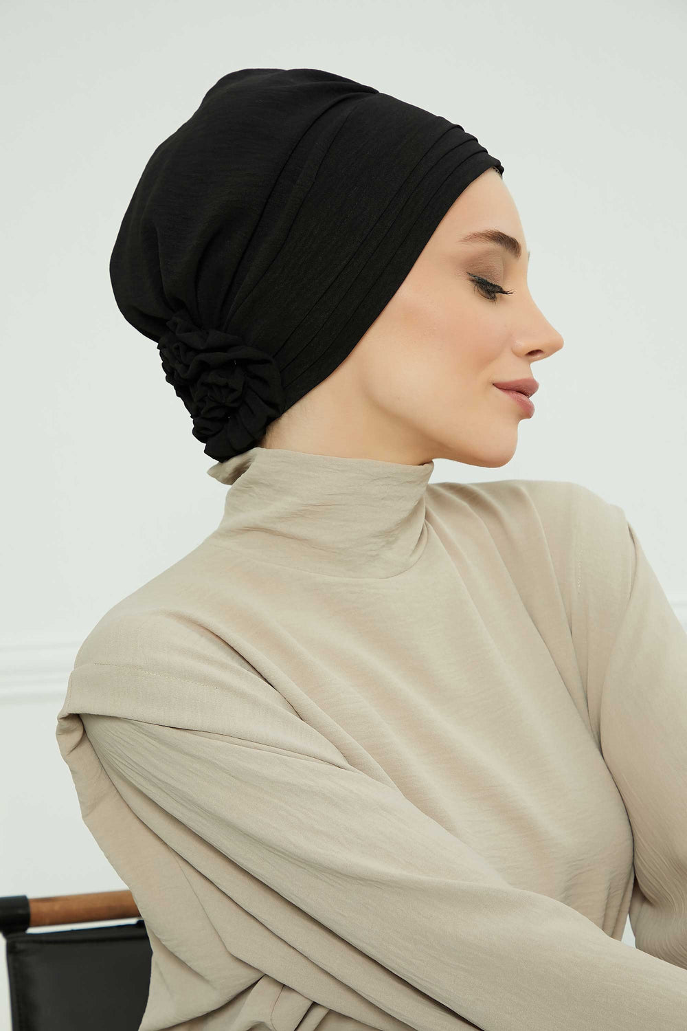 Pleated Instant Turban made from High Quality Aerobin Fabric, Wrinkle-Resistant Stylish Turban Hijab, Easy Wrap Chemo Bonnet Headwear,B-74A Black