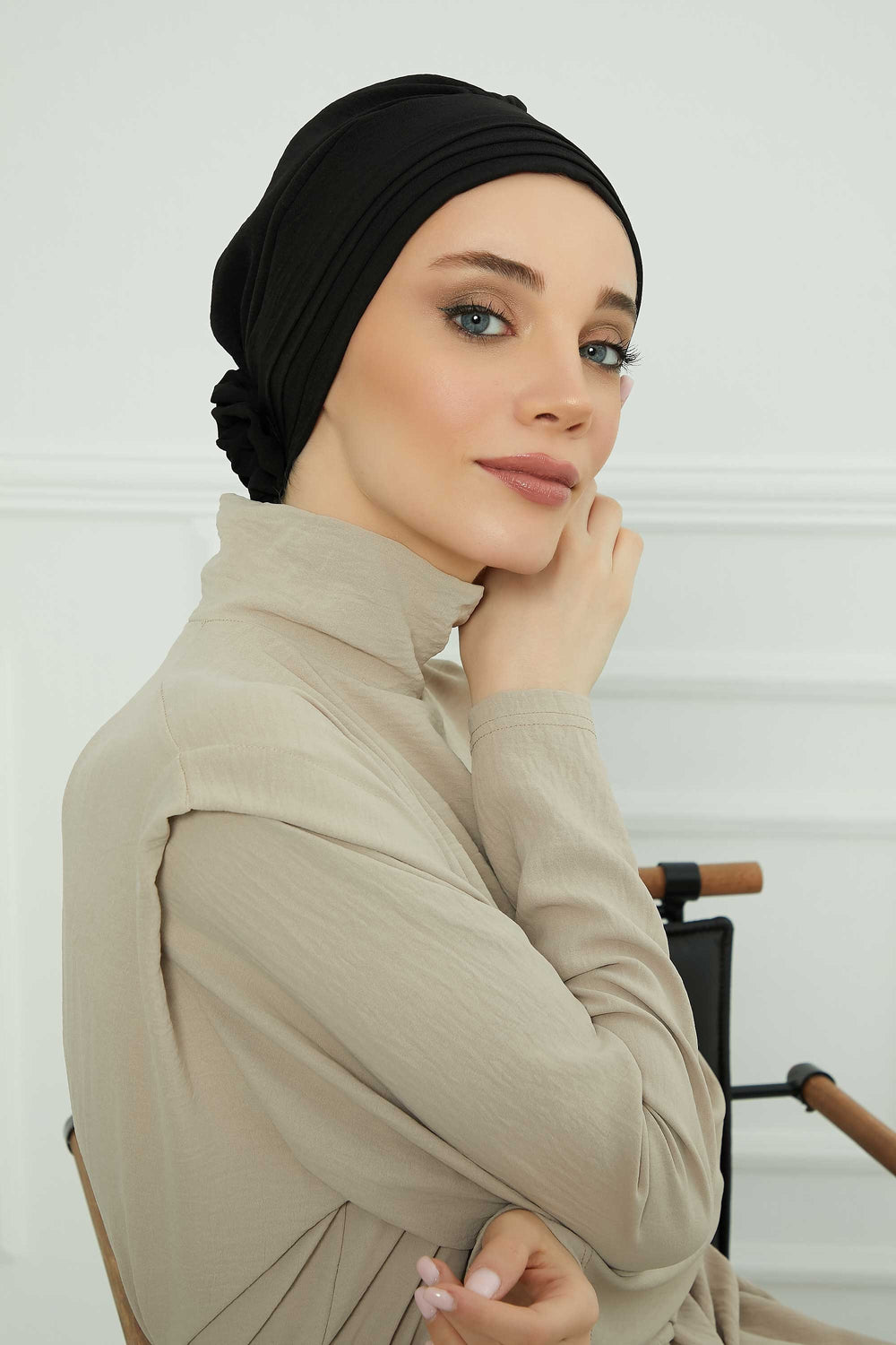 Pleated Instant Turban made from High Quality Aerobin Fabric, Wrinkle-Resistant Stylish Turban Hijab, Easy Wrap Chemo Bonnet Headwear,B-74A Black