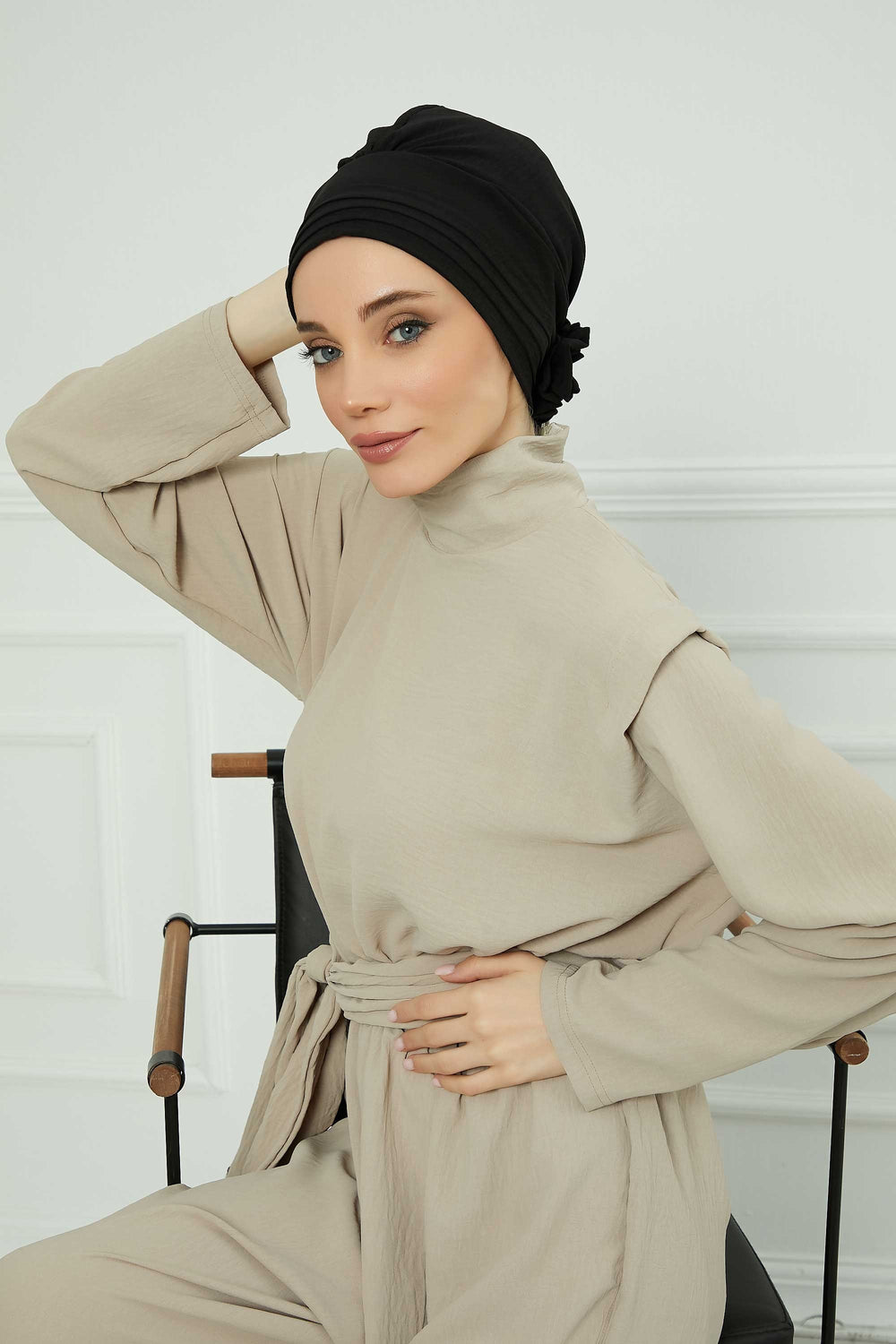 Pleated Instant Turban made from High Quality Aerobin Fabric, Wrinkle-Resistant Stylish Turban Hijab, Easy Wrap Chemo Bonnet Headwear,B-74A Black
