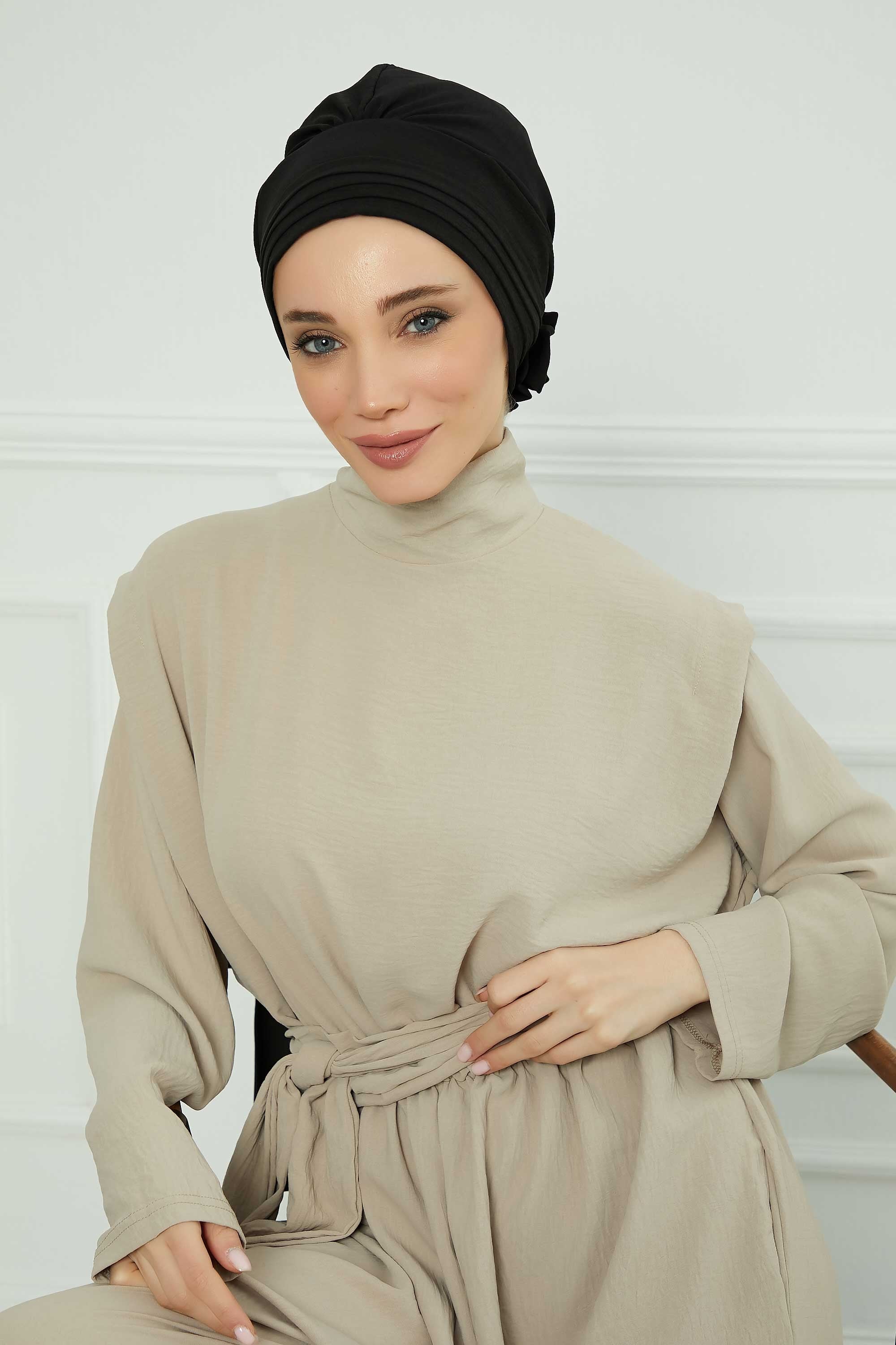 Pleated Instant Turban made from High Quality Aerobin Fabric, Wrinkle-Resistant Stylish Turban Hijab, Easy Wrap Chemo Bonnet Headwear,B-74A Black