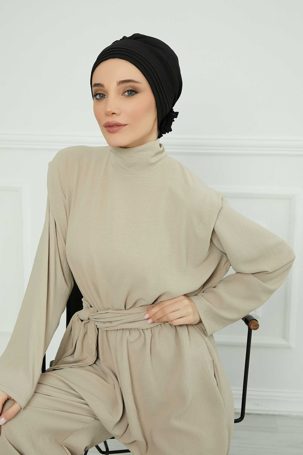 Pleated Instant Turban made from High Quality Aerobin Fabric, Wrinkle-Resistant Stylish Turban Hijab, Easy Wrap Chemo Bonnet Headwear,B-74A Black