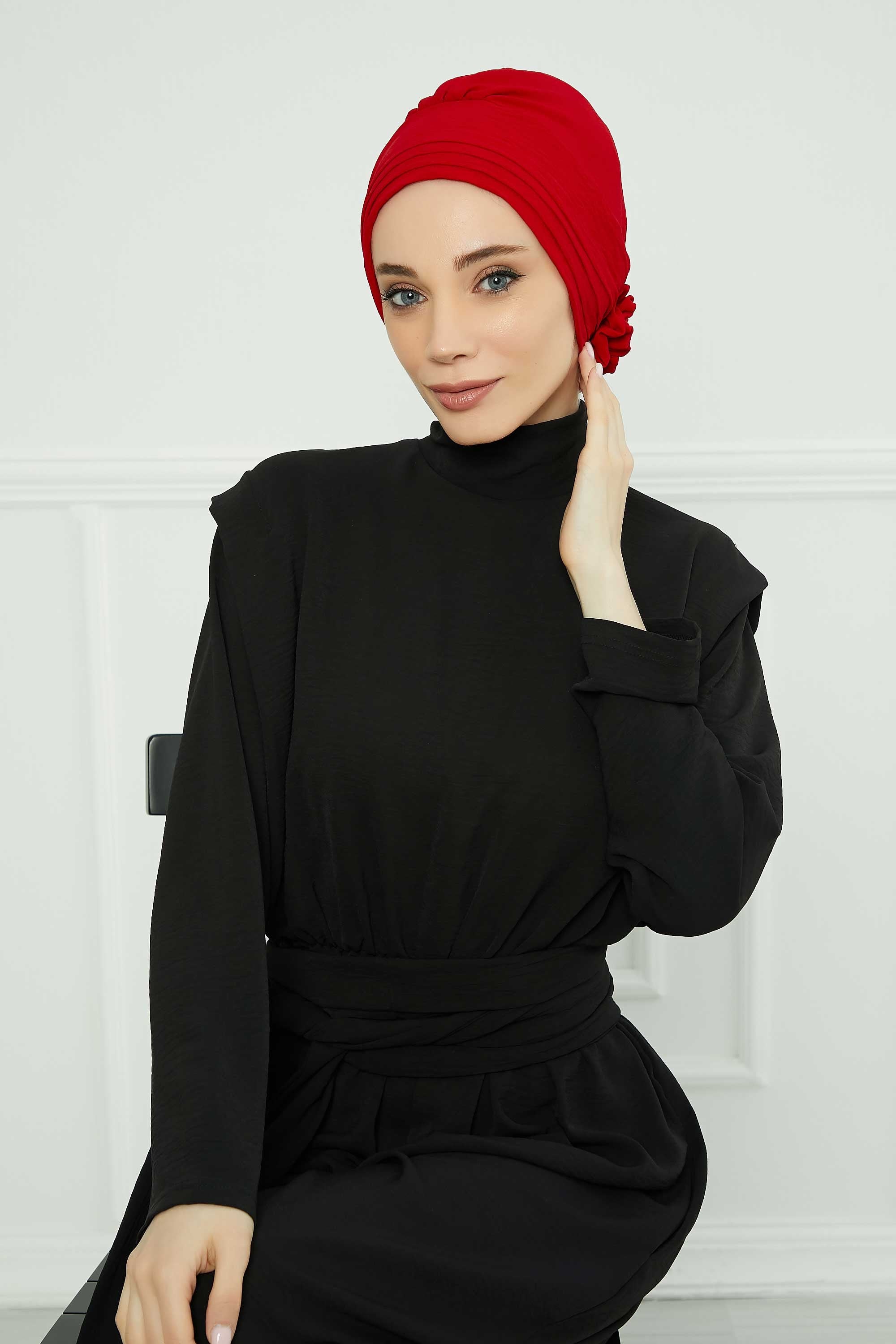 Pleated Instant Turban made from High Quality Aerobin Fabric, Wrinkle-Resistant Stylish Turban Hijab, Easy Wrap Chemo Bonnet Headwear,B-74A Red