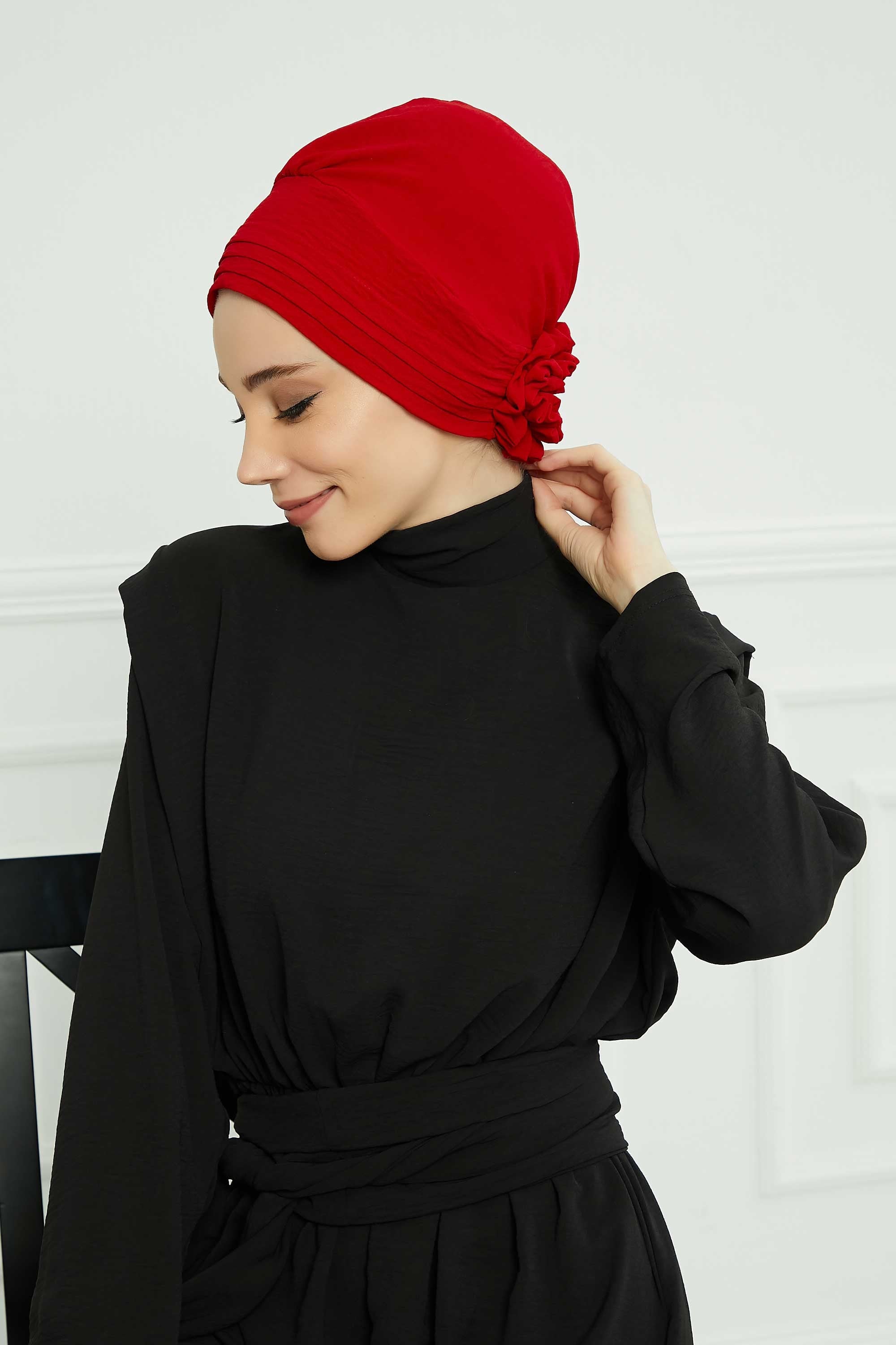Pleated Instant Turban made from High Quality Aerobin Fabric, Wrinkle-Resistant Stylish Turban Hijab, Easy Wrap Chemo Bonnet Headwear,B-74A Red