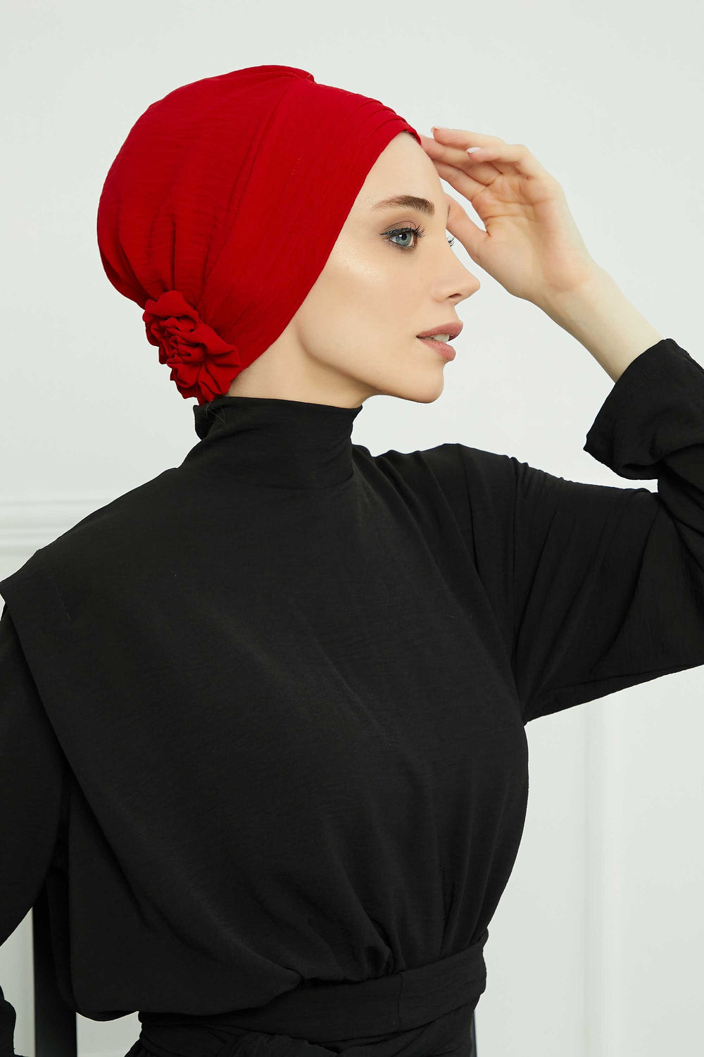 Pleated Instant Turban made from High Quality Aerobin Fabric, Wrinkle-Resistant Stylish Turban Hijab, Easy Wrap Chemo Bonnet Headwear,B-74A Red