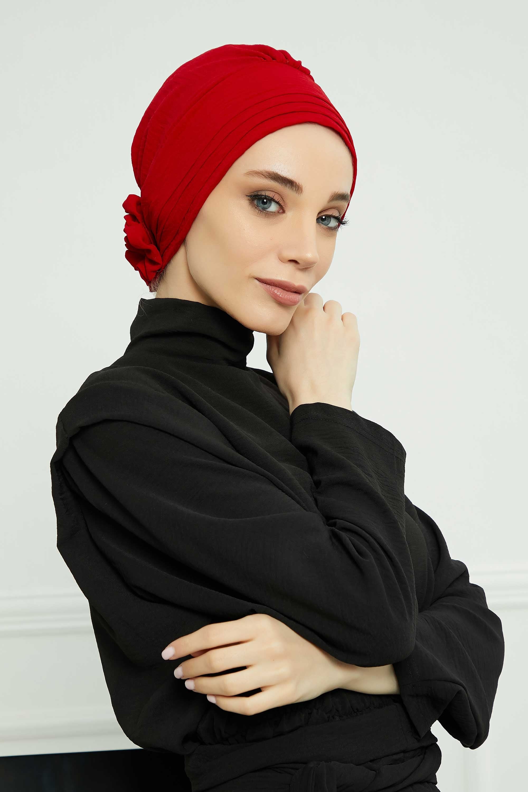 Pleated Instant Turban made from High Quality Aerobin Fabric, Wrinkle-Resistant Stylish Turban Hijab, Easy Wrap Chemo Bonnet Headwear,B-74A Red