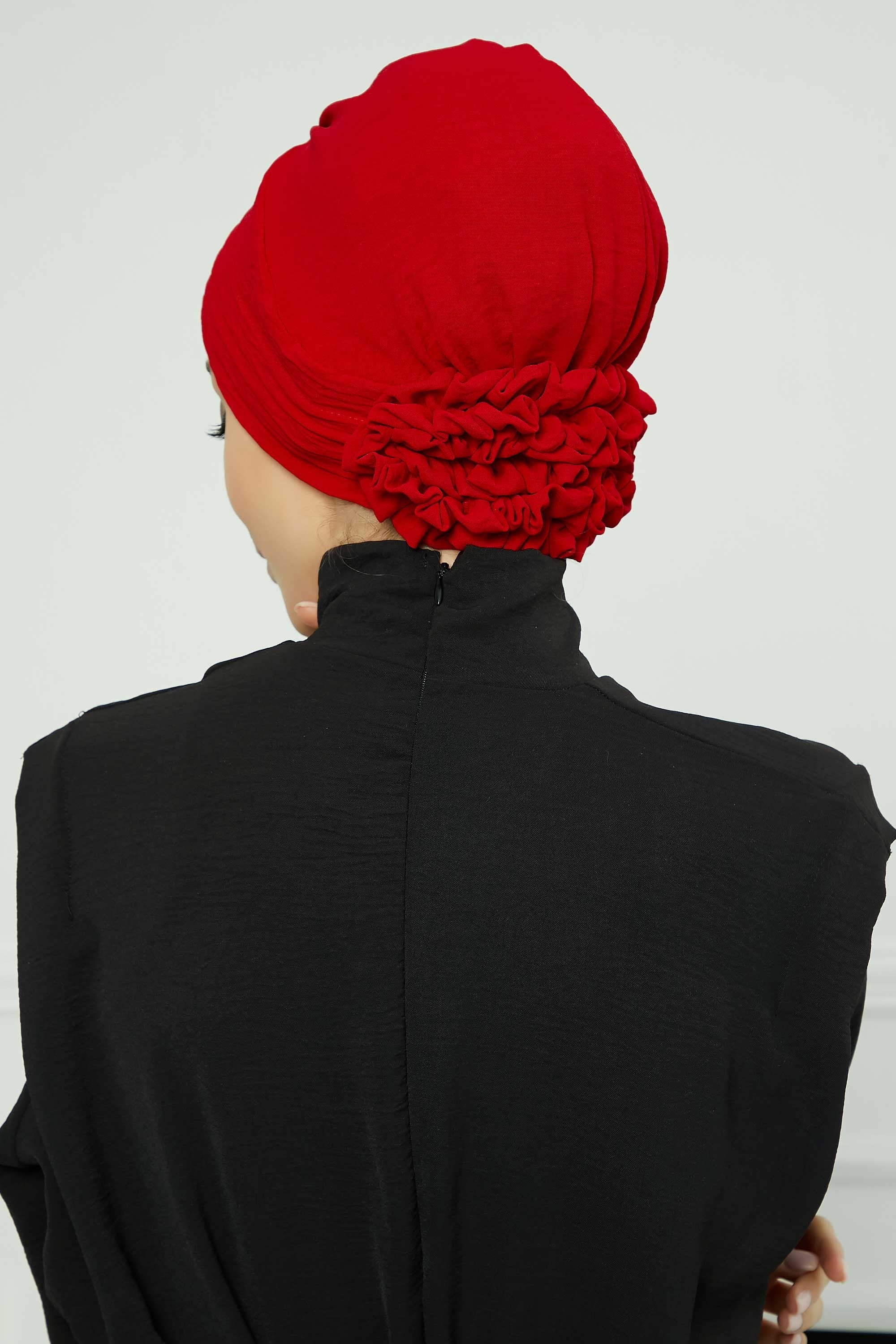 Pleated Instant Turban made from High Quality Aerobin Fabric, Wrinkle-Resistant Stylish Turban Hijab, Easy Wrap Chemo Bonnet Headwear,B-74A Red
