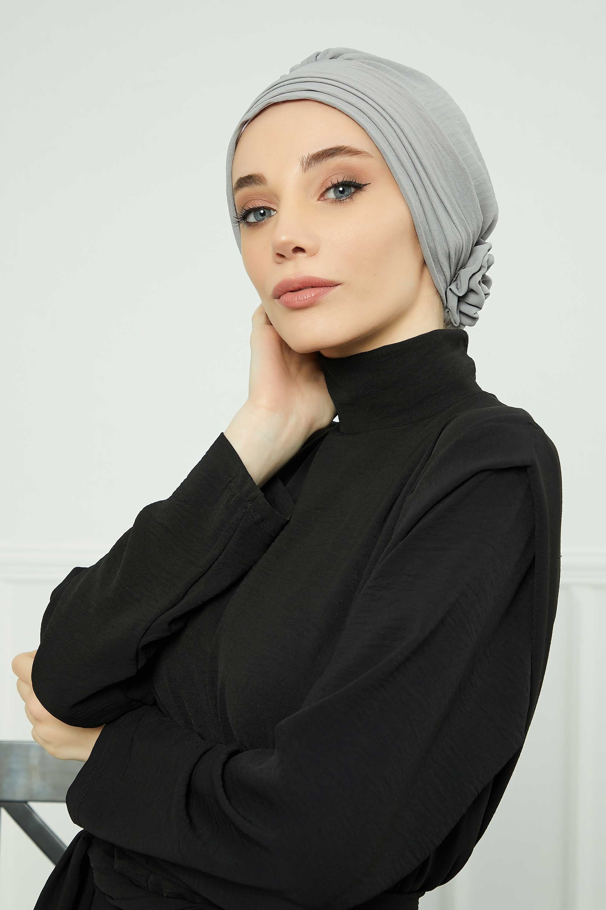 Pleated Instant Turban made from High Quality Aerobin Fabric, Wrinkle-Resistant Stylish Turban Hijab, Easy Wrap Chemo Bonnet Headwear,B-74A Grey