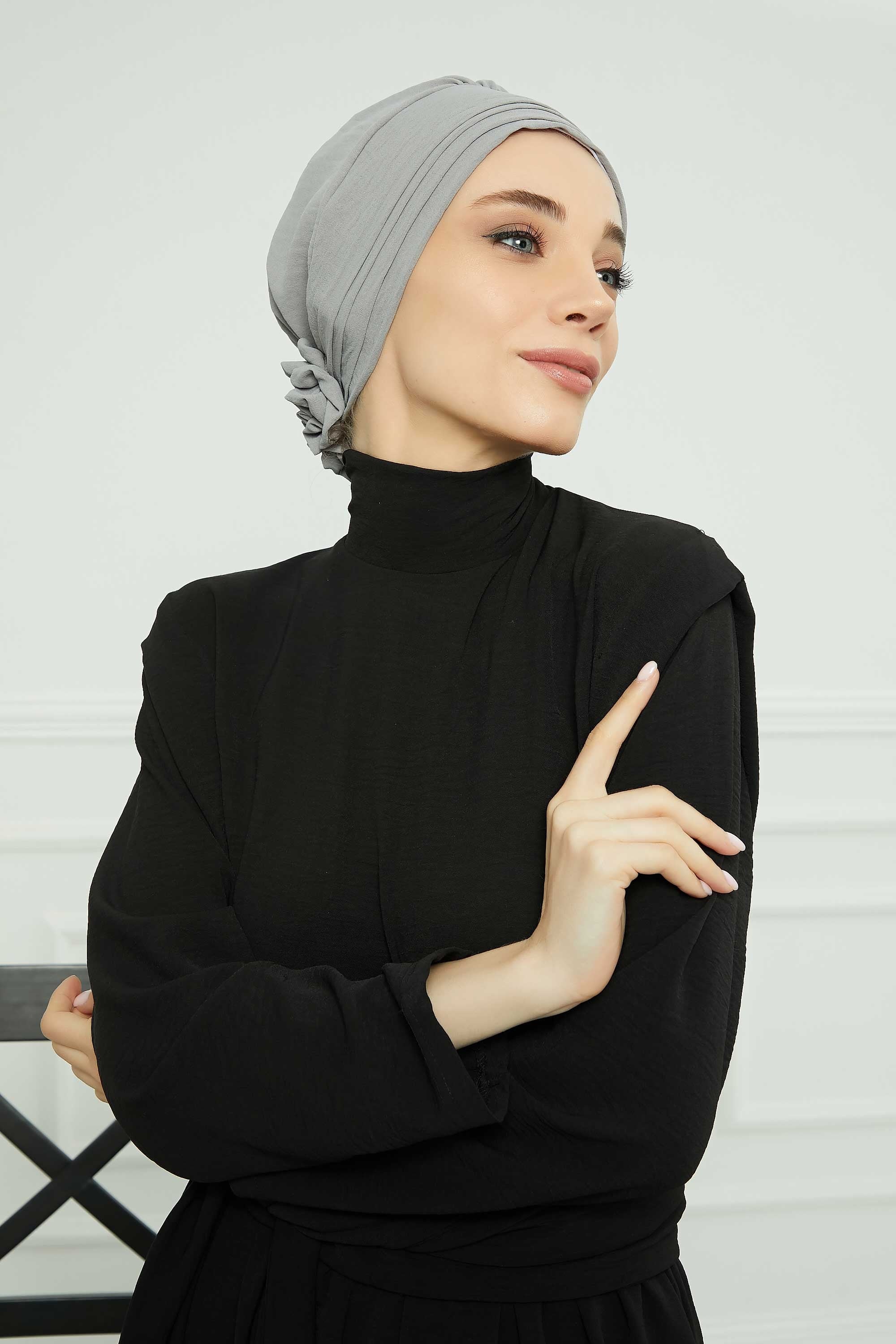 Pleated Instant Turban made from High Quality Aerobin Fabric, Wrinkle-Resistant Stylish Turban Hijab, Easy Wrap Chemo Bonnet Headwear,B-74A Grey