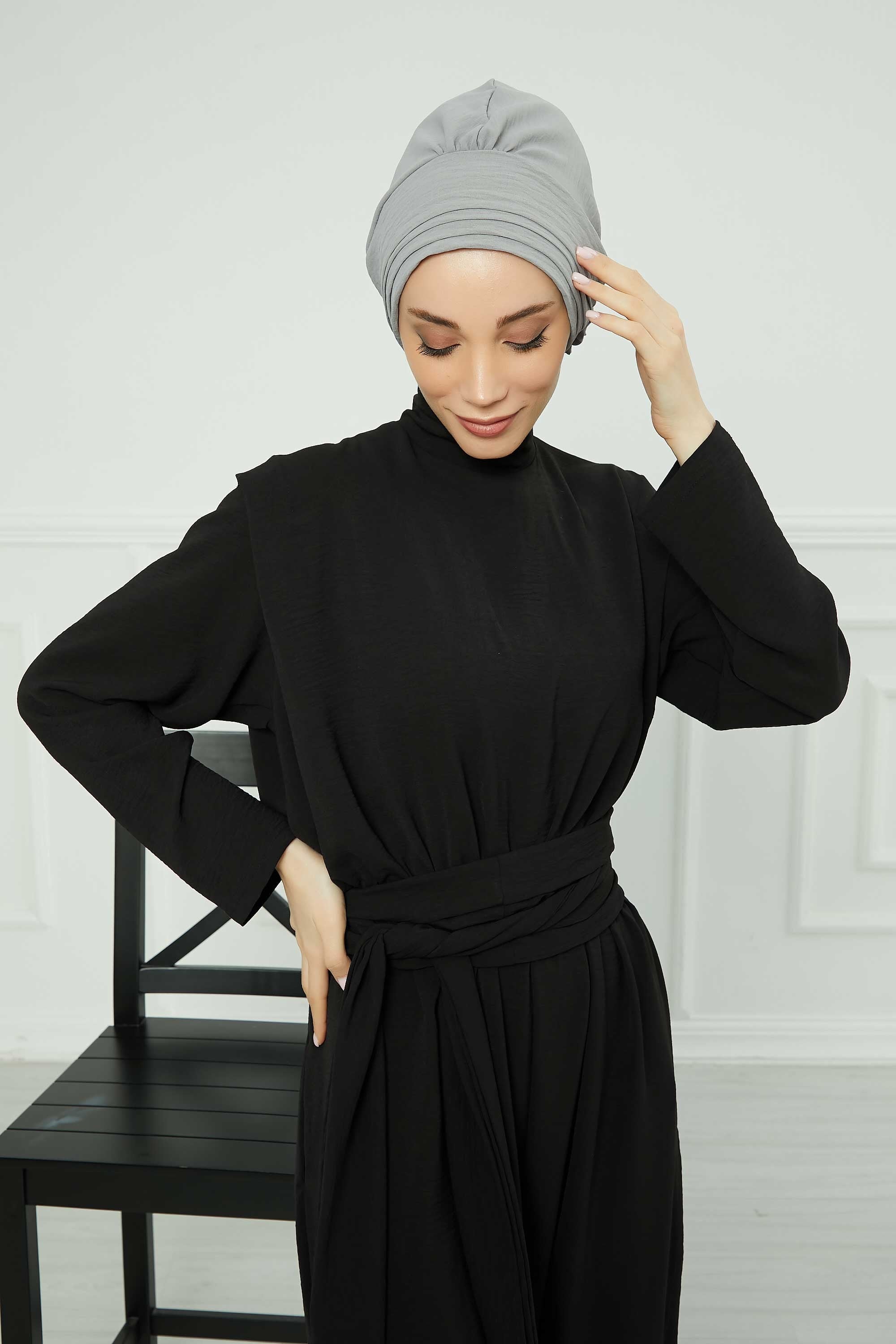 Pleated Instant Turban made from High Quality Aerobin Fabric, Wrinkle-Resistant Stylish Turban Hijab, Easy Wrap Chemo Bonnet Headwear,B-74A Grey