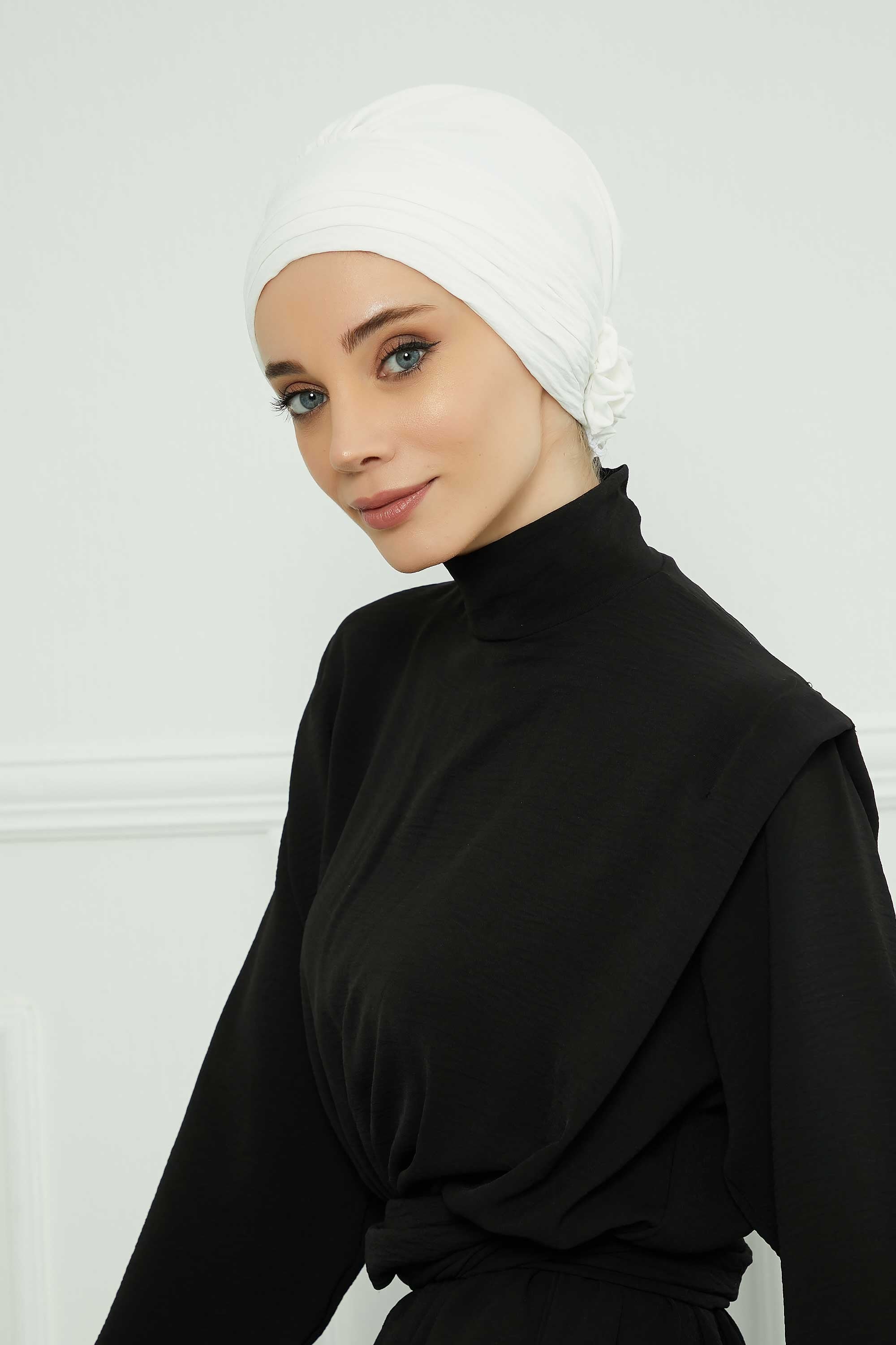 Pleated Instant Turban made from High Quality Aerobin Fabric, Wrinkle-Resistant Stylish Turban Hijab, Easy Wrap Chemo Bonnet Headwear,B-74A White