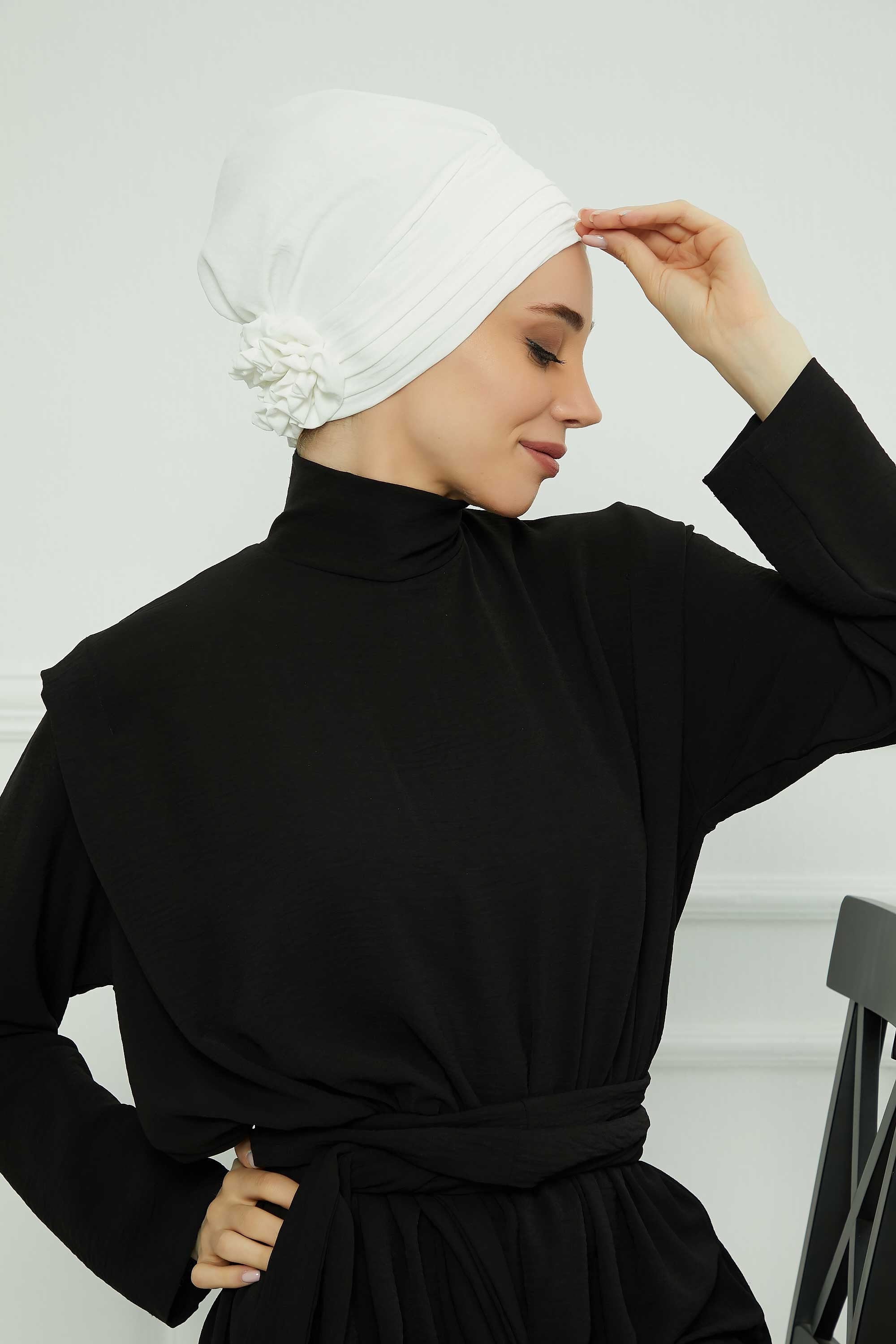 Pleated Instant Turban made from High Quality Aerobin Fabric, Wrinkle-Resistant Stylish Turban Hijab, Easy Wrap Chemo Bonnet Headwear,B-74A White