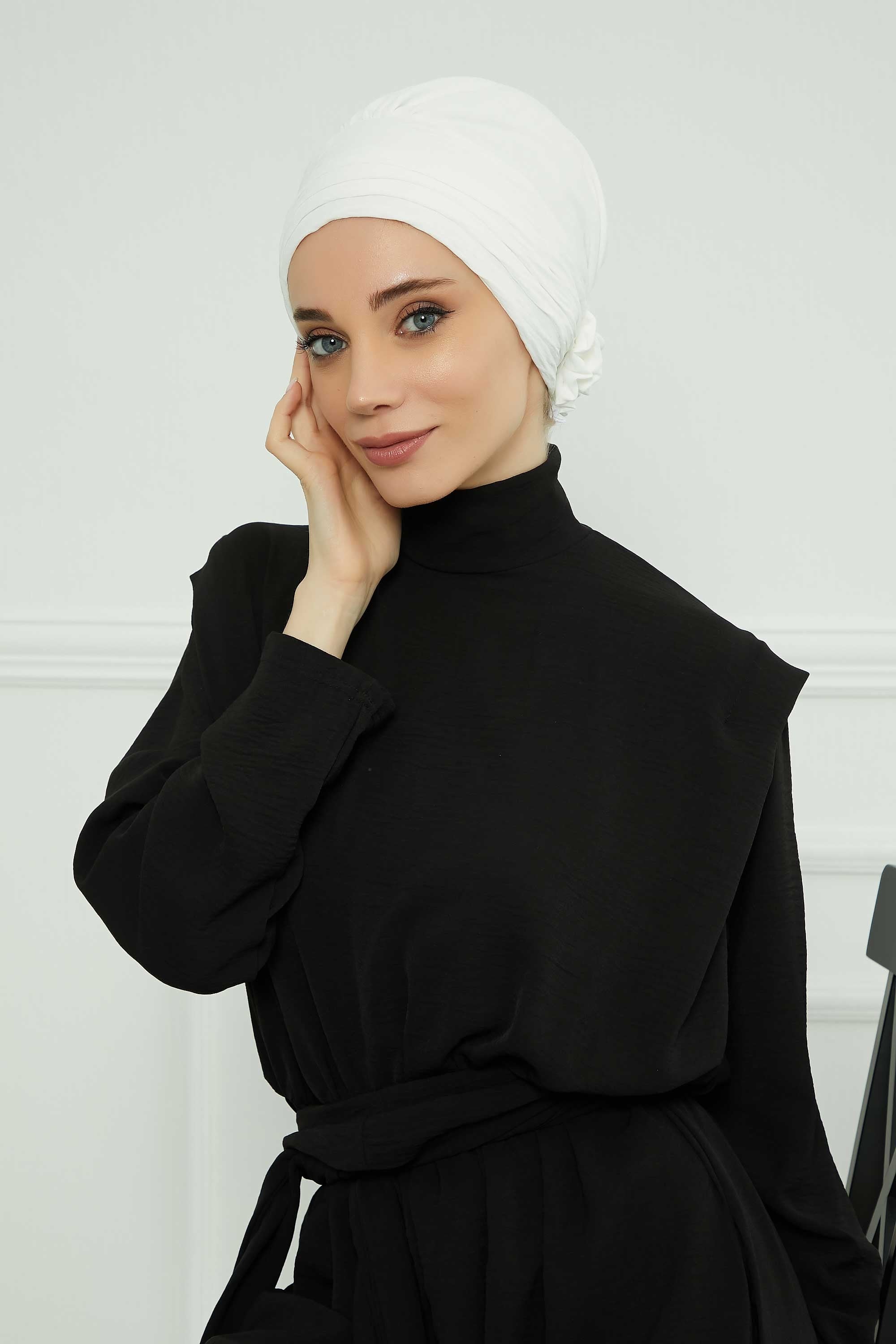 Pleated Instant Turban made from High Quality Aerobin Fabric, Wrinkle-Resistant Stylish Turban Hijab, Easy Wrap Chemo Bonnet Headwear,B-74A White