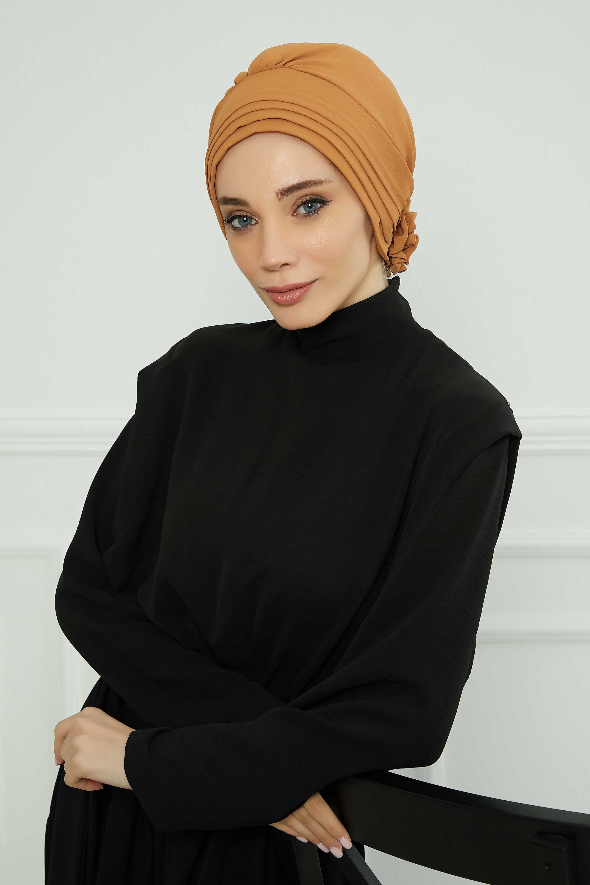 Pleated Instant Turban made from High Quality Aerobin Fabric, Wrinkle-Resistant Stylish Turban Hijab, Easy Wrap Chemo Bonnet Headwear,B-74A Tawny Brown
