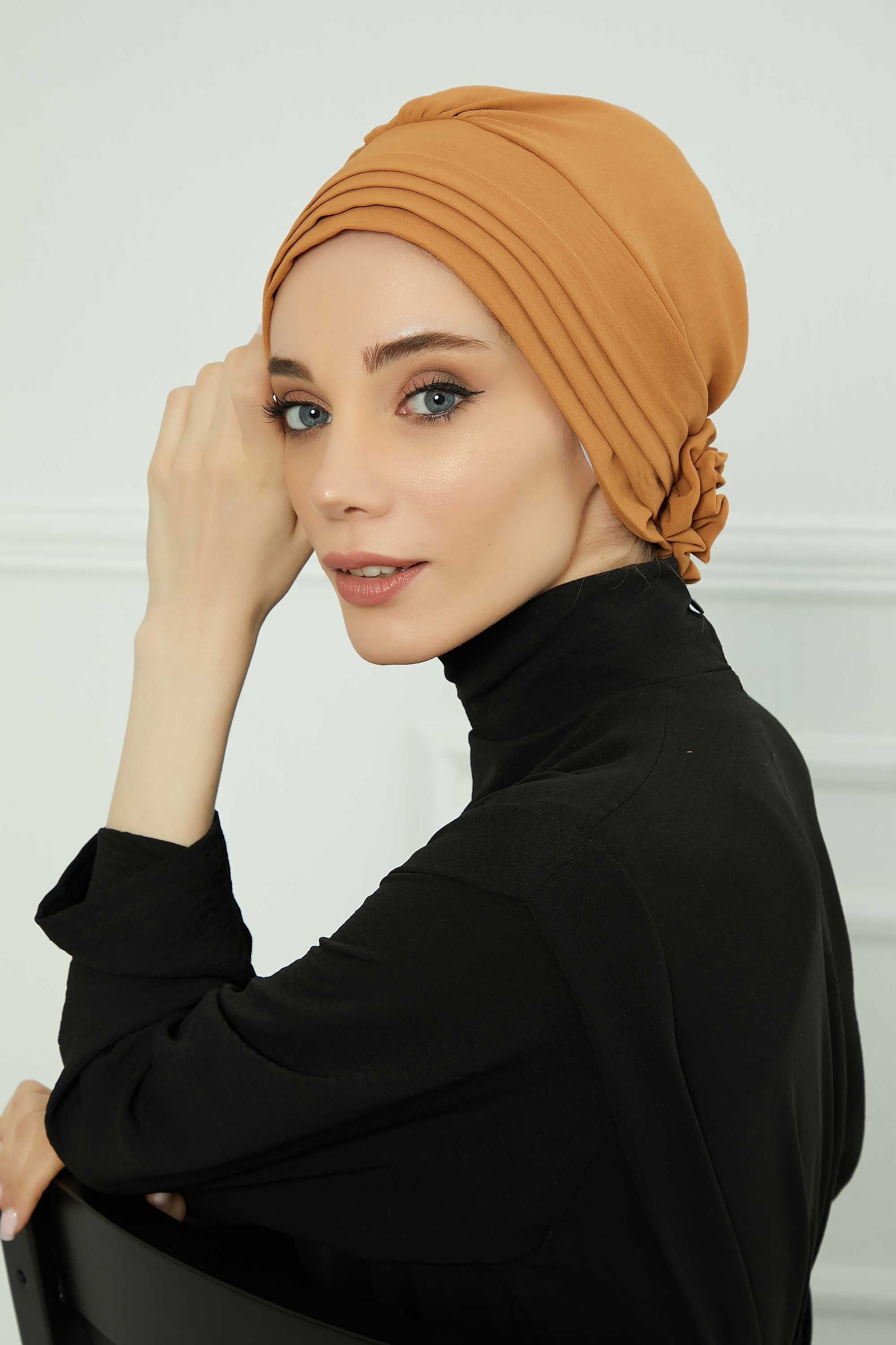 Pleated Instant Turban made from High Quality Aerobin Fabric, Wrinkle-Resistant Stylish Turban Hijab, Easy Wrap Chemo Bonnet Headwear,B-74A Tawny Brown