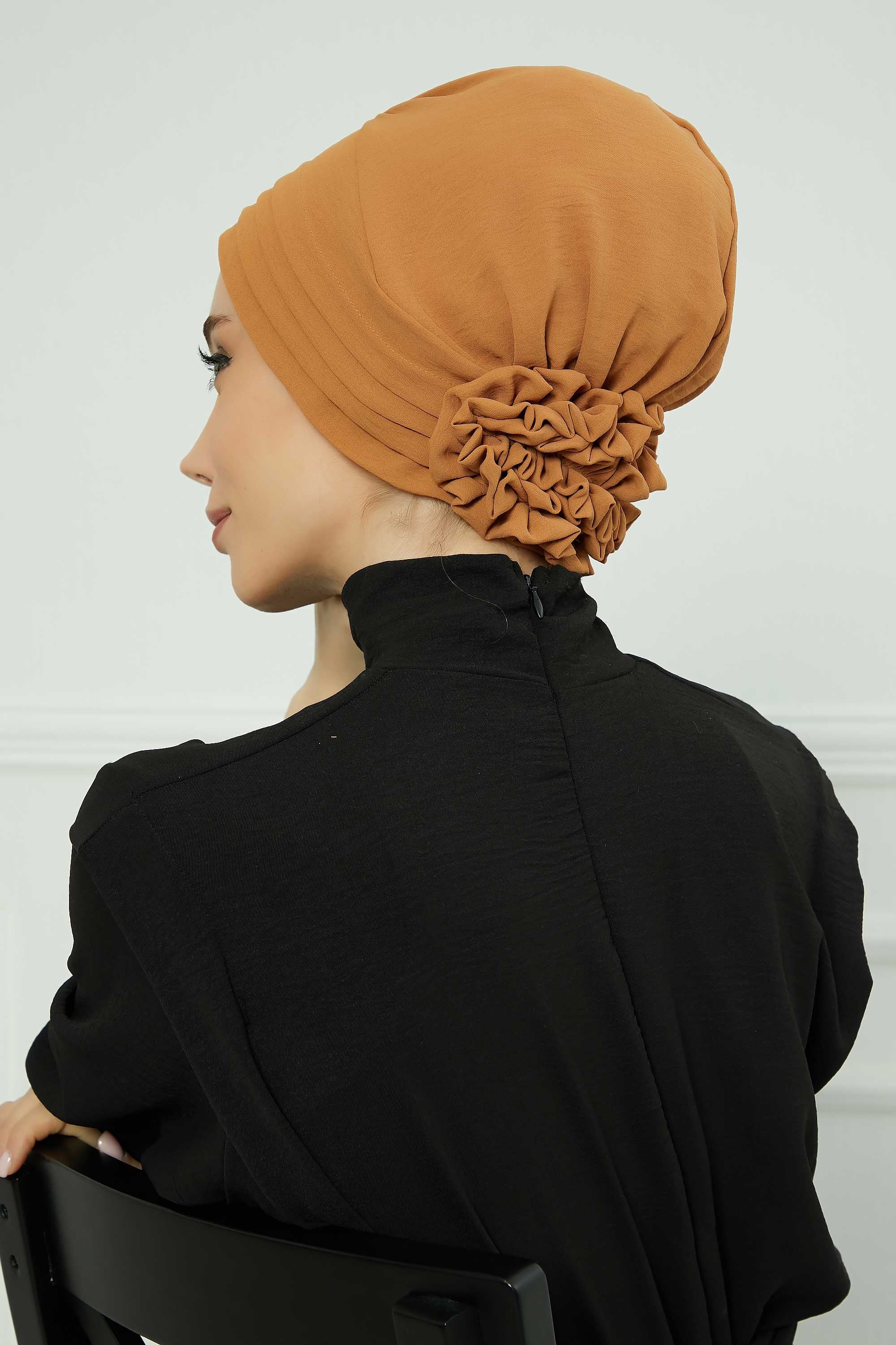 Pleated Instant Turban made from High Quality Aerobin Fabric, Wrinkle-Resistant Stylish Turban Hijab, Easy Wrap Chemo Bonnet Headwear,B-74A Tawny Brown