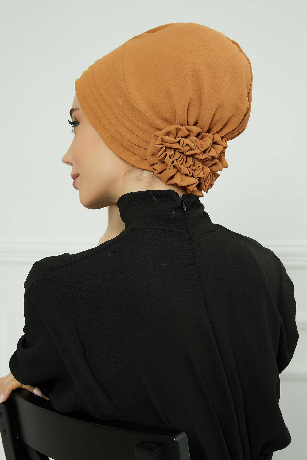 Pleated Instant Turban made from High Quality Aerobin Fabric, Wrinkle-Resistant Stylish Turban Hijab, Easy Wrap Chemo Bonnet Headwear,B-74A Tawny Brown