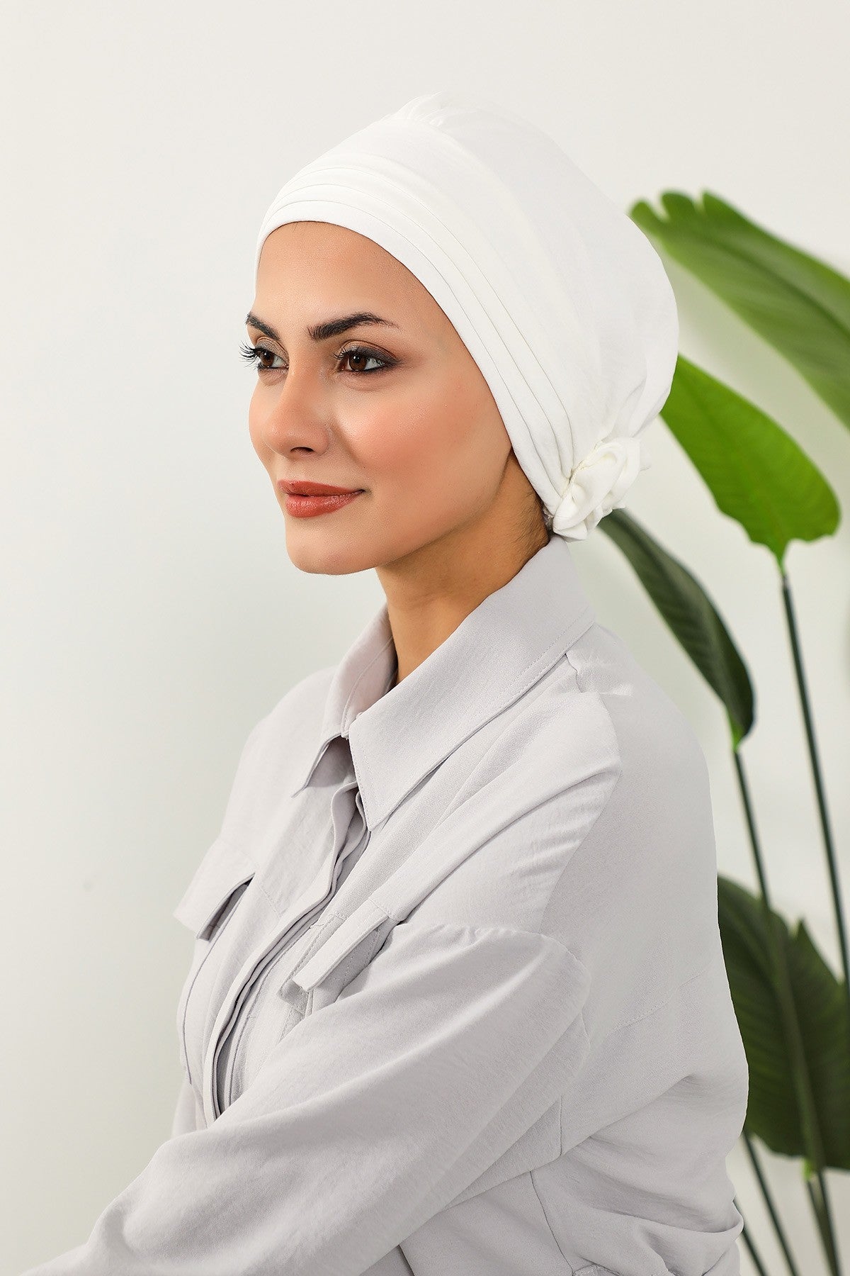 Pleated Instant Turban made from High Quality Aerobin Fabric, Wrinkle-Resistant Stylish Turban Hijab, Easy Wrap Chemo Bonnet Headwear,B-74A Ecru