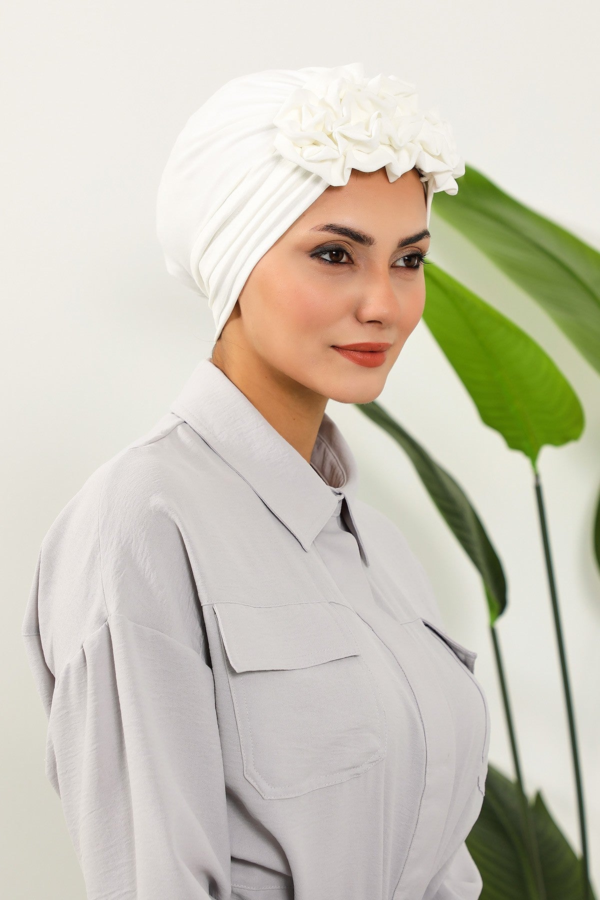 Pleated Instant Turban made from High Quality Aerobin Fabric, Wrinkle-Resistant Stylish Turban Hijab, Easy Wrap Chemo Bonnet Headwear,B-74A Ecru