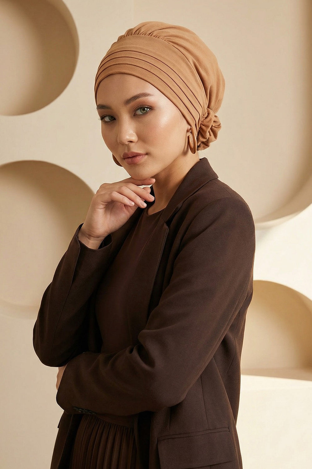 Pleated Instant Turban made from High Quality Aerobin Fabric, Wrinkle-Resistant Stylish Turban Hijab, Easy Wrap Chemo Bonnet Headwear,B-74A Camel