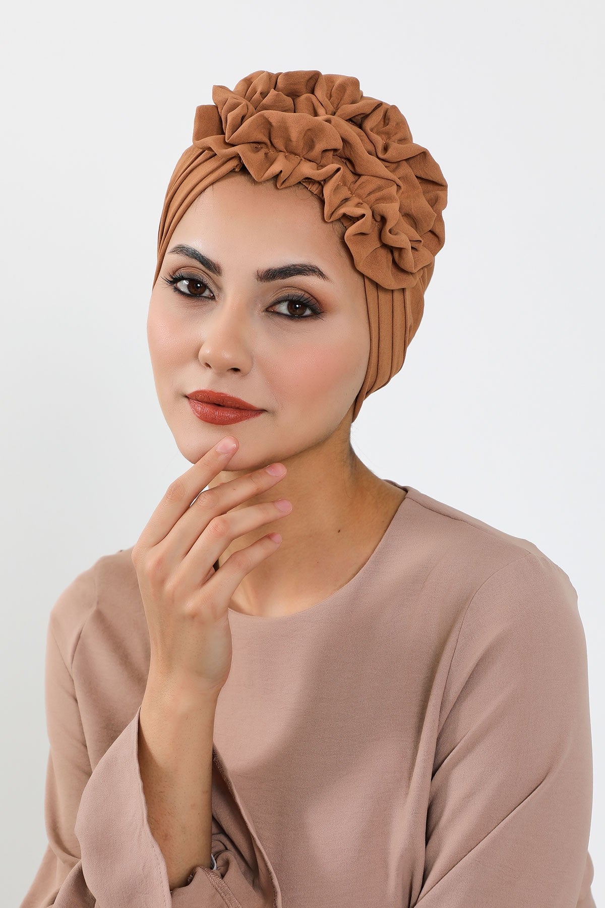 Pleated Instant Turban made from High Quality Aerobin Fabric, Wrinkle-Resistant Stylish Turban Hijab, Easy Wrap Chemo Bonnet Headwear,B-74A Camel