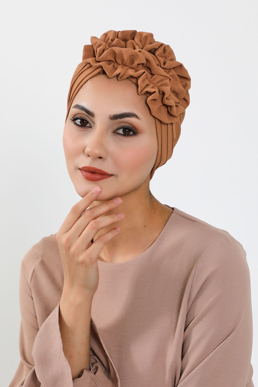 Pleated Instant Turban made from High Quality Aerobin Fabric, Wrinkle-Resistant Stylish Turban Hijab, Easy Wrap Chemo Bonnet Headwear,B-74A Camel