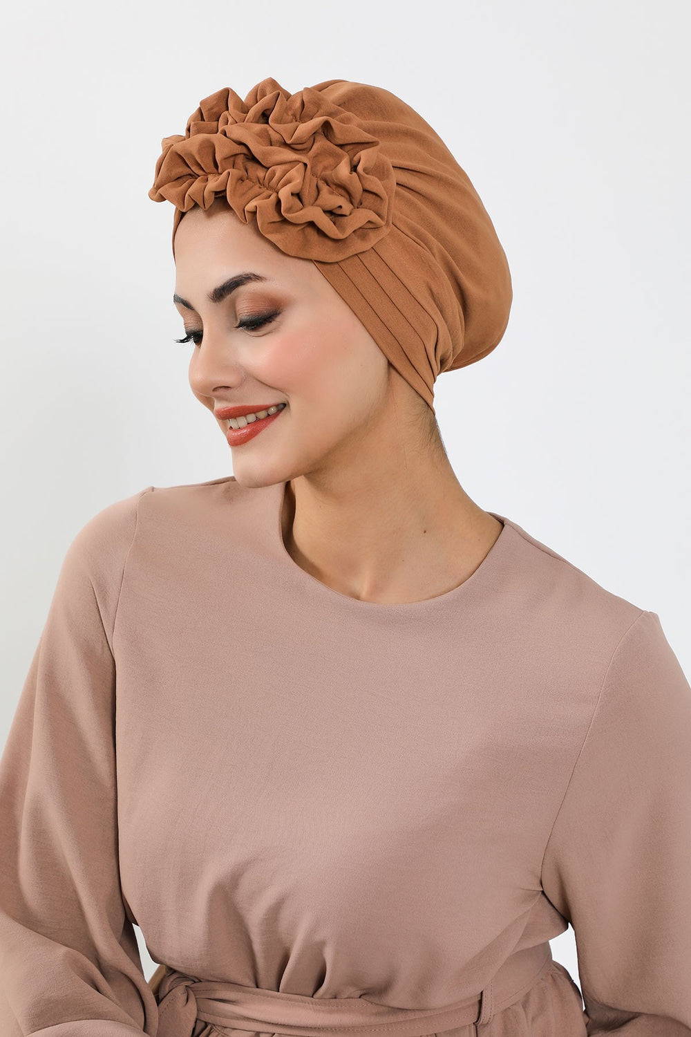 Pleated Instant Turban made from High Quality Aerobin Fabric, Wrinkle-Resistant Stylish Turban Hijab, Easy Wrap Chemo Bonnet Headwear,B-74A Camel