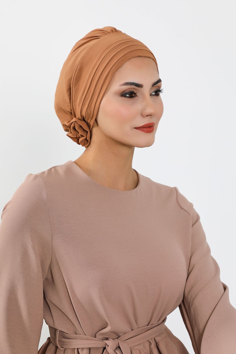 Pleated Instant Turban made from High Quality Aerobin Fabric, Wrinkle-Resistant Stylish Turban Hijab, Easy Wrap Chemo Bonnet Headwear,B-74A Camel