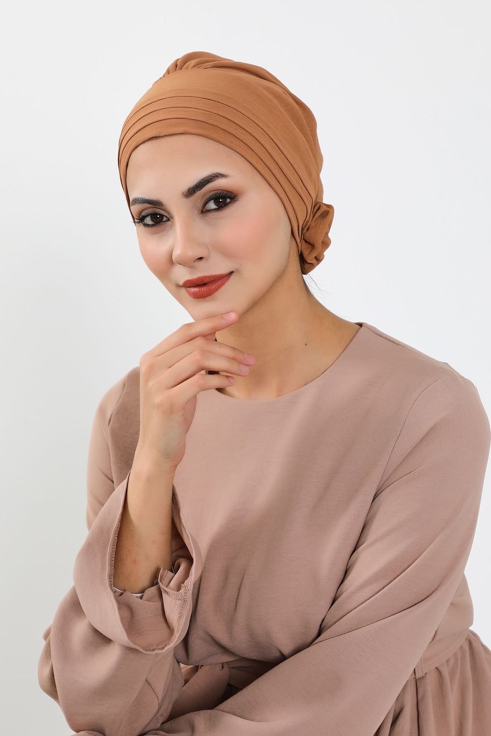 Pleated Instant Turban made from High Quality Aerobin Fabric, Wrinkle-Resistant Stylish Turban Hijab, Easy Wrap Chemo Bonnet Headwear,B-74A Camel